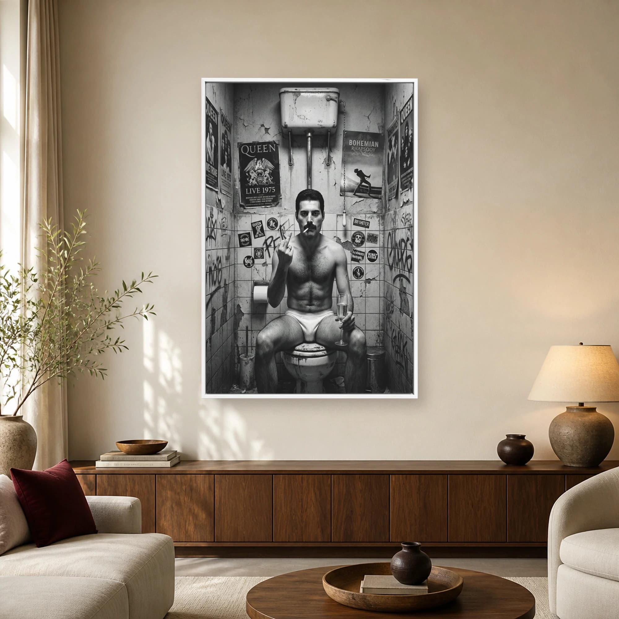 Black-and-white satirical art print of Freddie Mercury sitting on a toilet in a graffiti-covered restroom, smoking, holding champagne, and giving the middle finger.