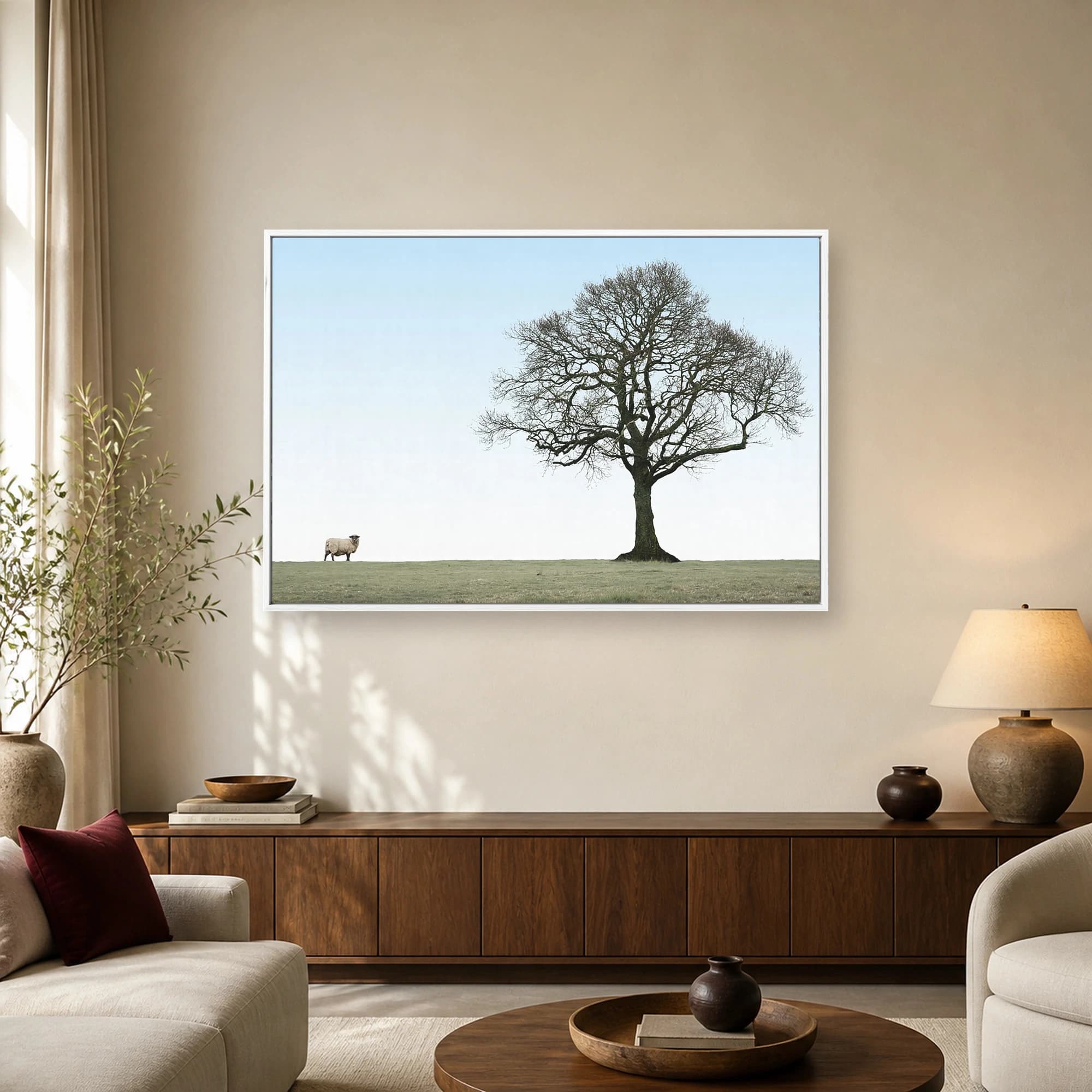 Solitary Tree and Grazing Sheep Minimalist Landscape Print, view 4