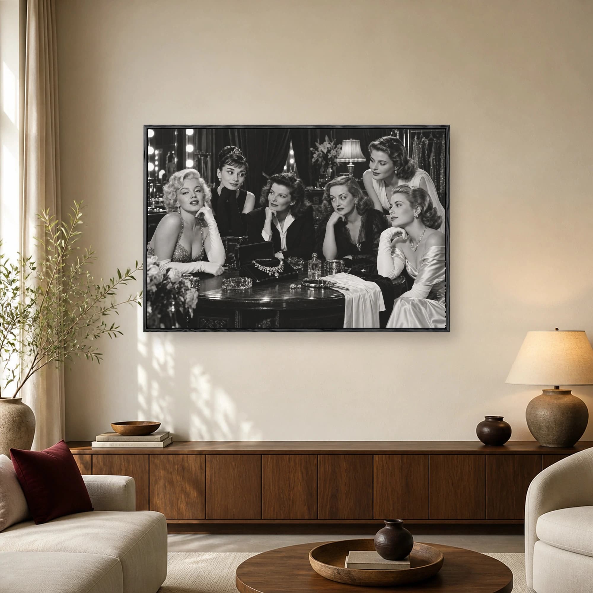 Black and white portrait of Hollywood icons Marilyn Monroe, Audrey Hepburn, Katharine Hepburn, Bette Davis, Ingrid Bergman, and Grace Kelly gathered around a dressing table.