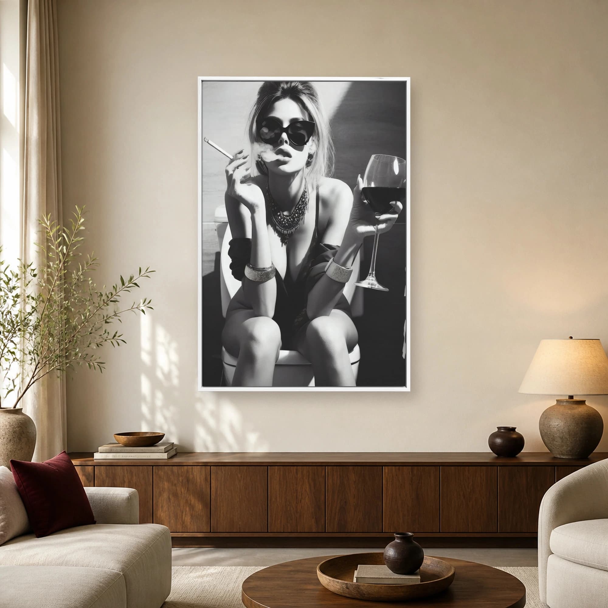 Glamorous Woman Smoking and Drinking Wine Wall Art, view 2