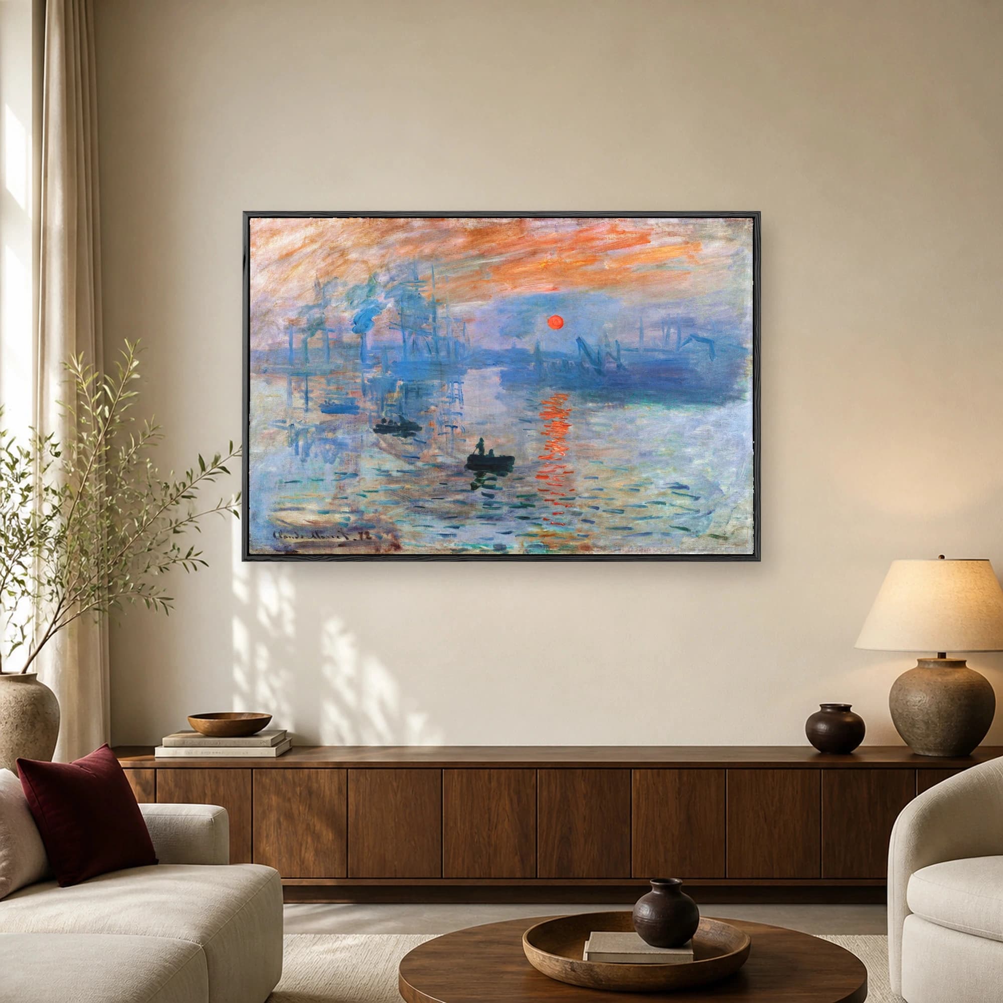 Impression, Sunrise by Claude Monet depicting harbor boats and a bright orange sun over blue water, available as a canvas print or poster.