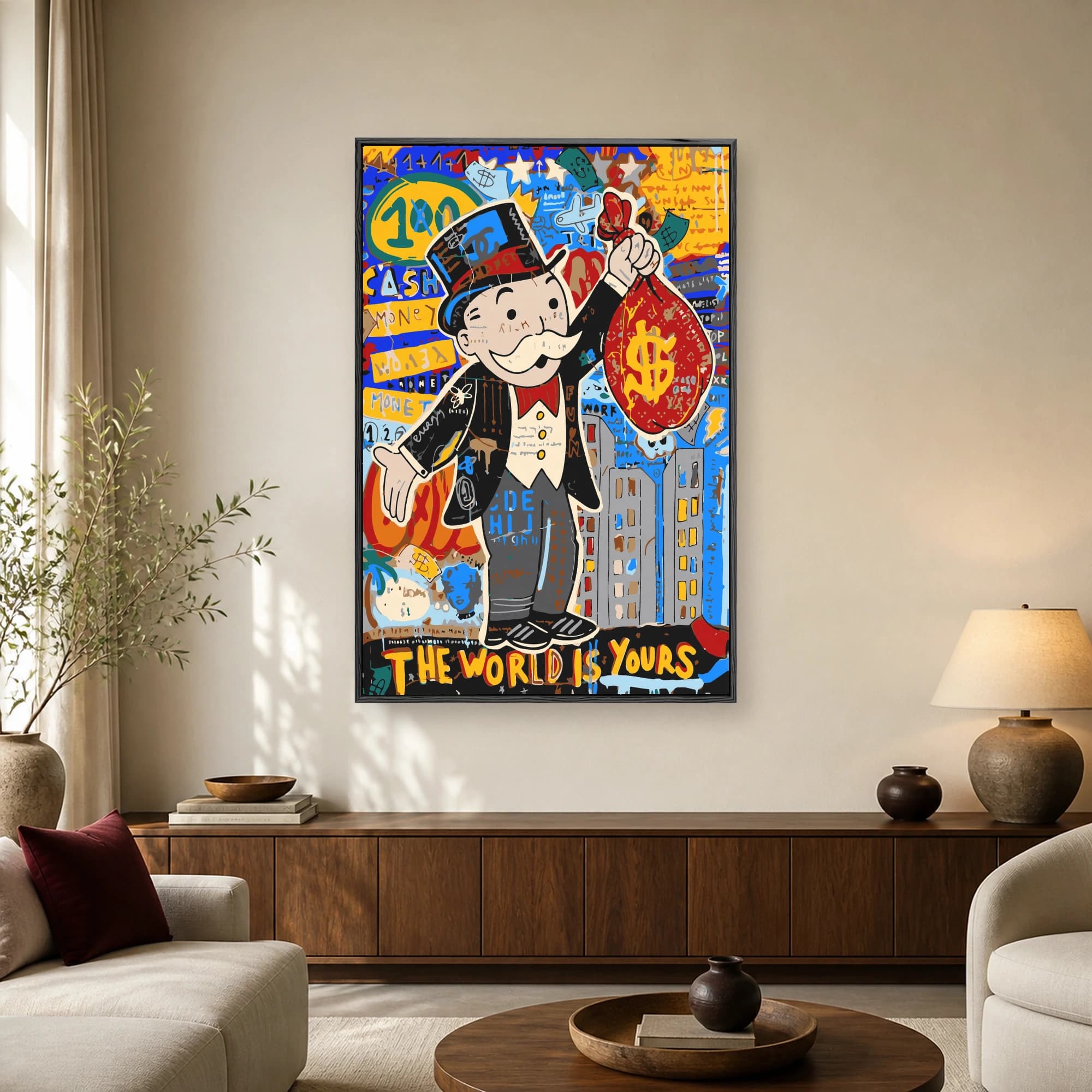 Pop art print featuring Mr. Monopoly holding a red money bag in front of a graffiti cityscape and the text The World Is Yours