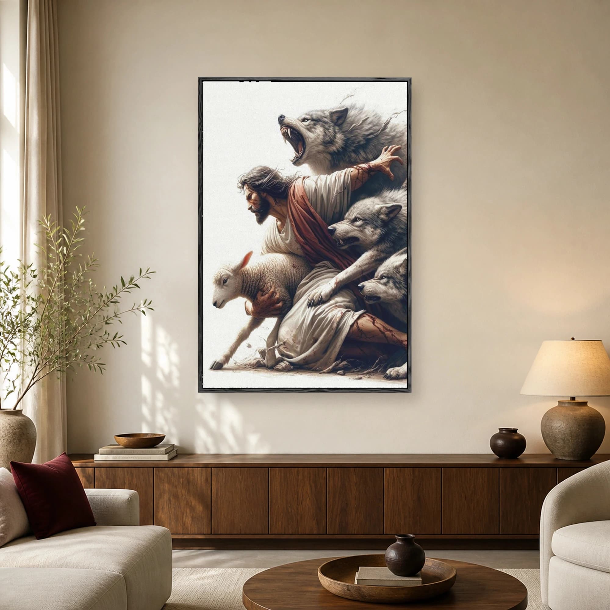 Fine art print of a bearded shepherd in robes holding a frightened lamb while fending off three aggressive wolves.