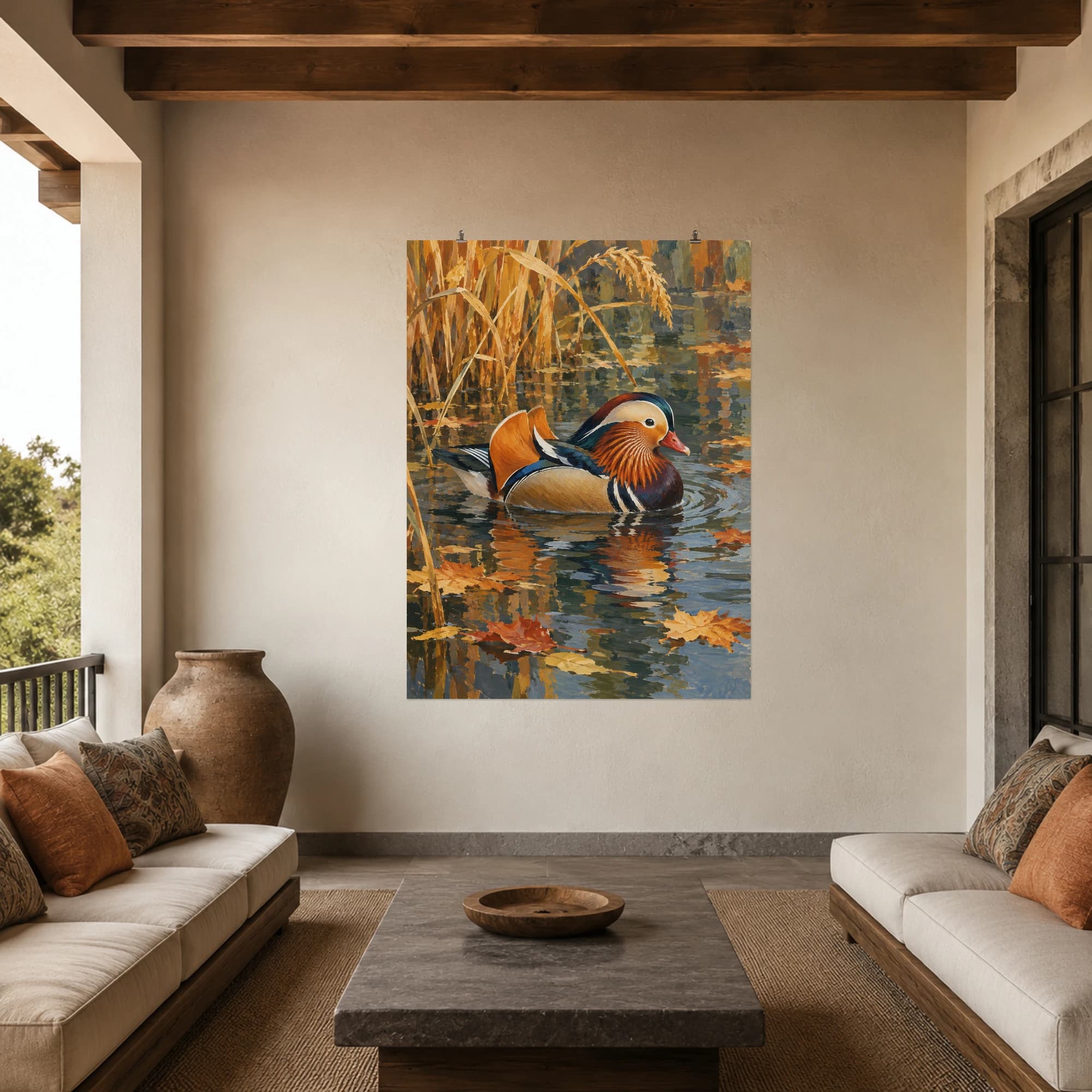 This gouache-style composition features a mandarin duck floating through still water with amber reeds and scattered fallen leaves. Expressive brushwork and carefully balanced color bring a distinctive focal point to your wall.