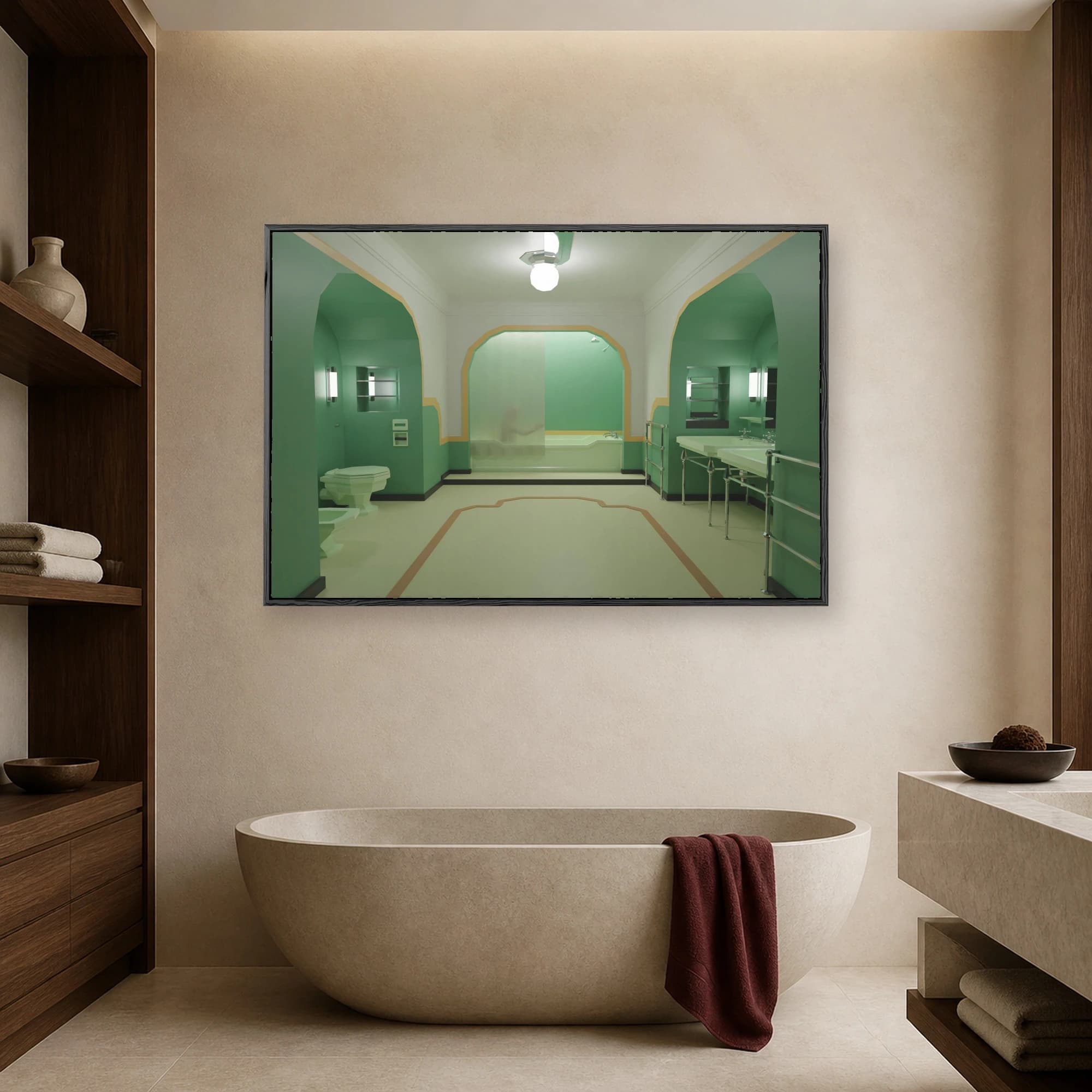 Cinematic interior illustration of the green art deco bathroom from The Shining, featuring twin sinks, archways, and a frosted shower screen with a shadowy figure.
