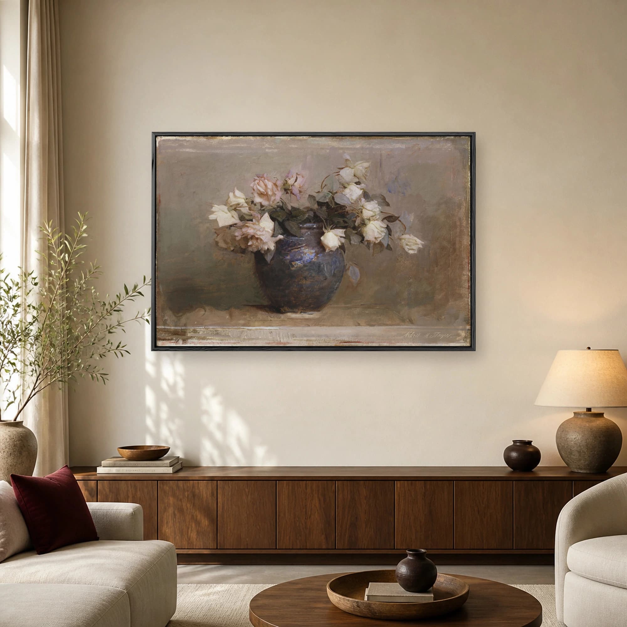 Vintage oil painting of white and pale pink roses in a dark blue ceramic pot against a neutral background