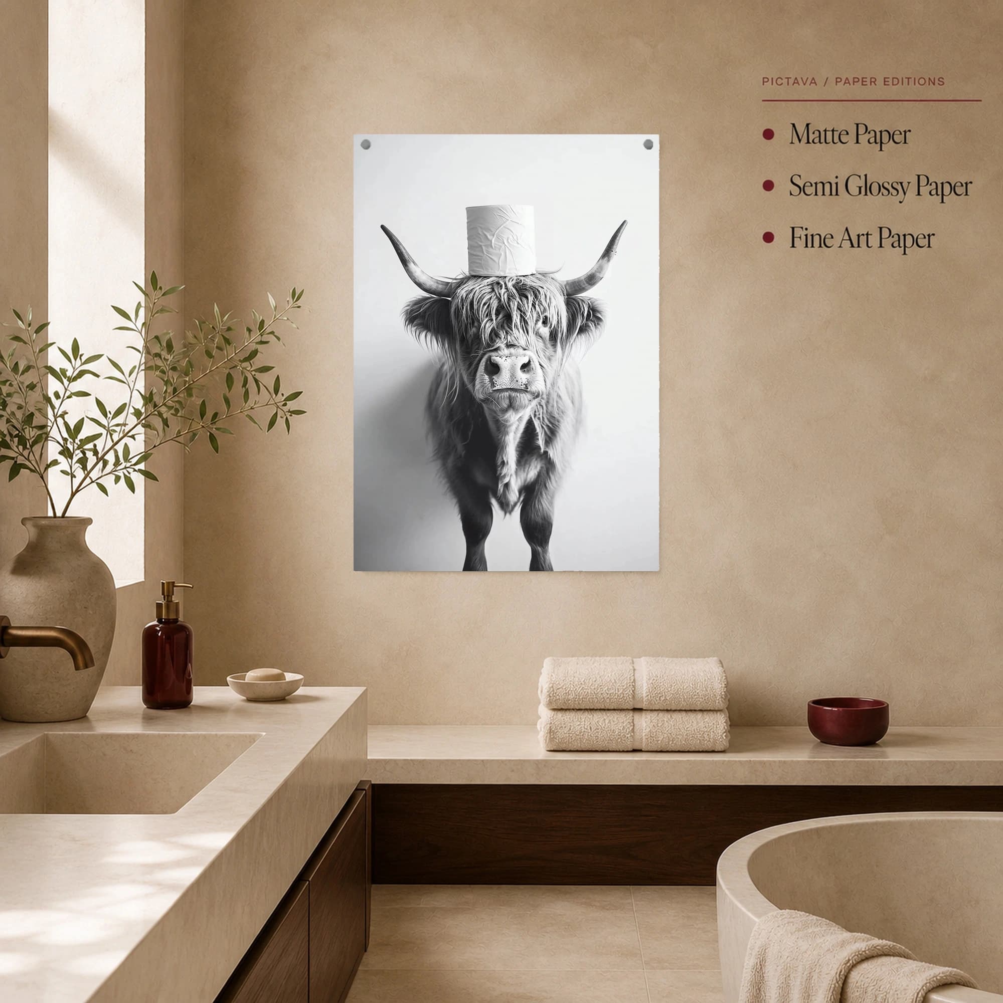 Highland Cow with Toilet Paper Roll Monochrome Wall Art, view 5