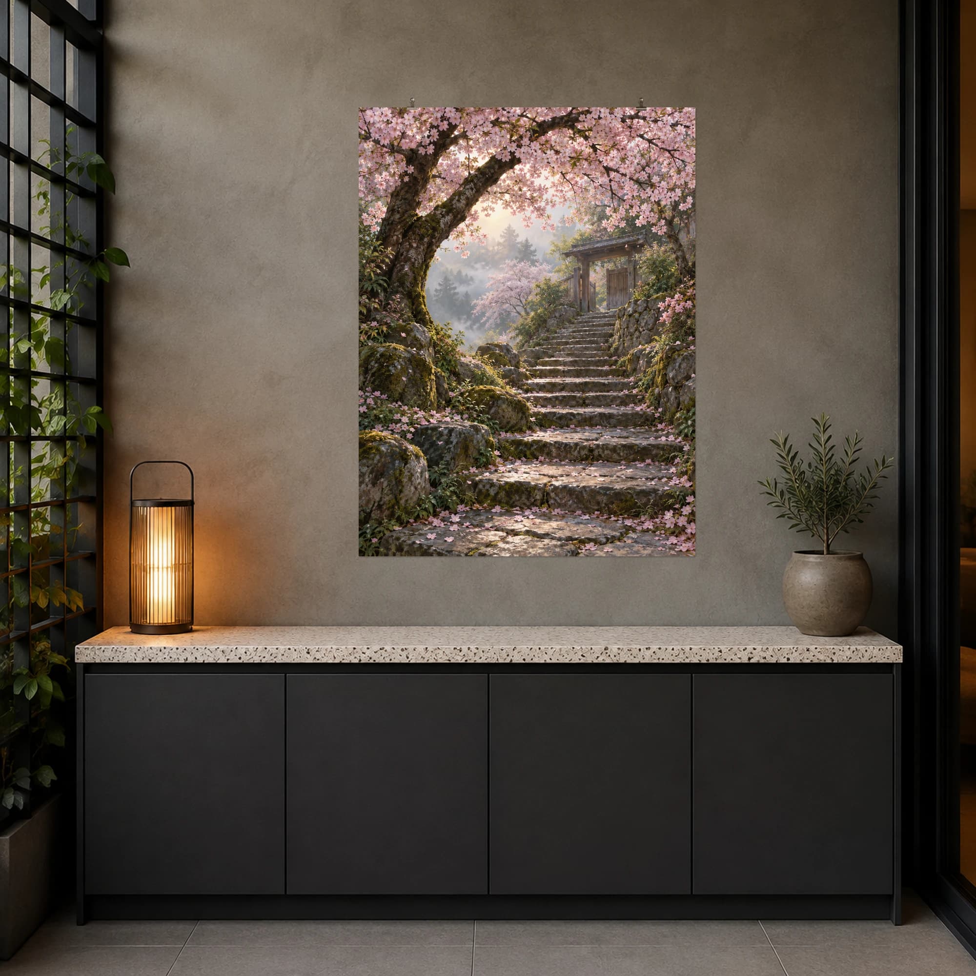 Cherry blossoms arch over mossy stone steps leading to a quiet wooden garden gate.