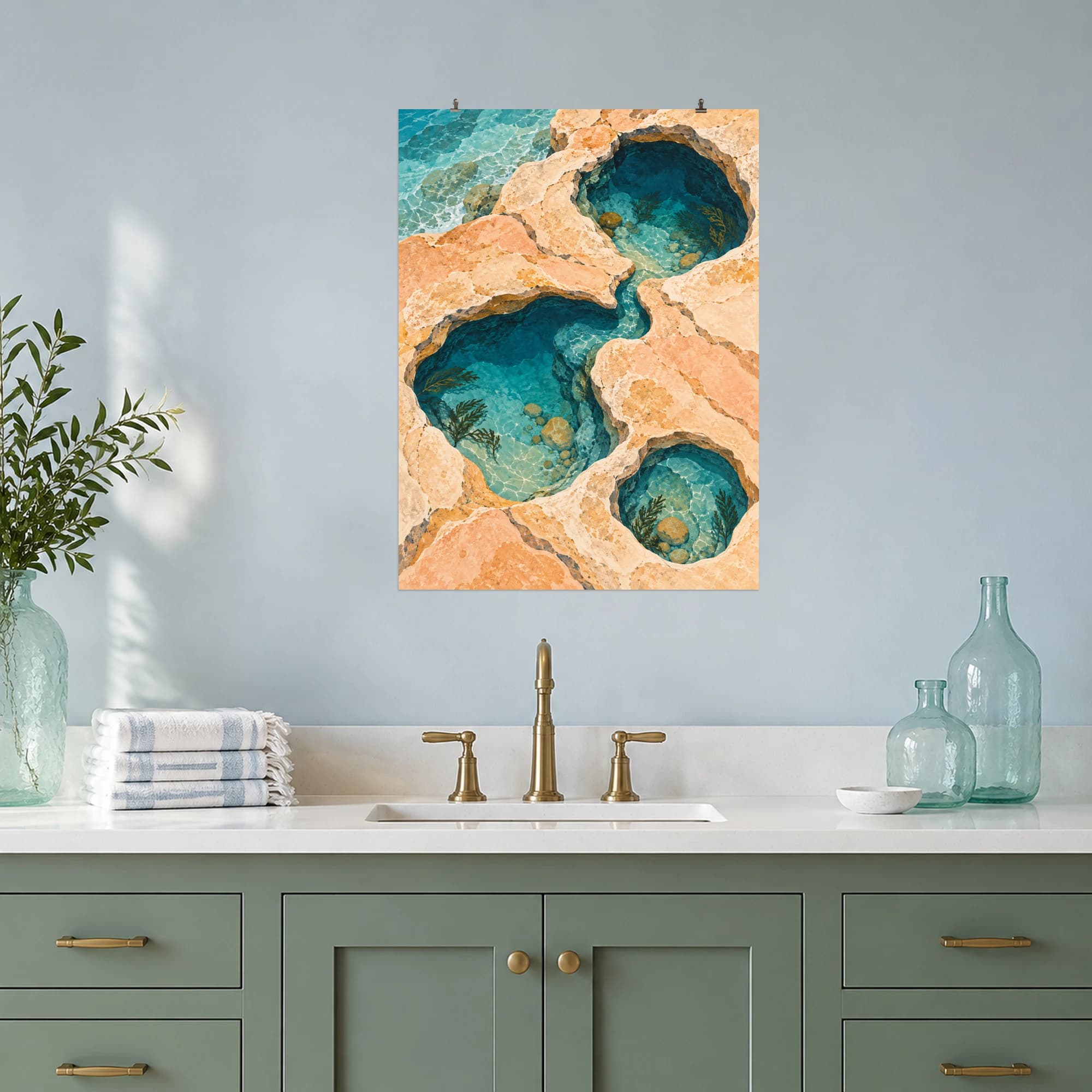 Turquoise tidal pools wind through peach limestone in this aerial coastal composition. Submerged pebbles, drifting seaweed and reflected light bring a tranquil seaside rhythm to the room.
