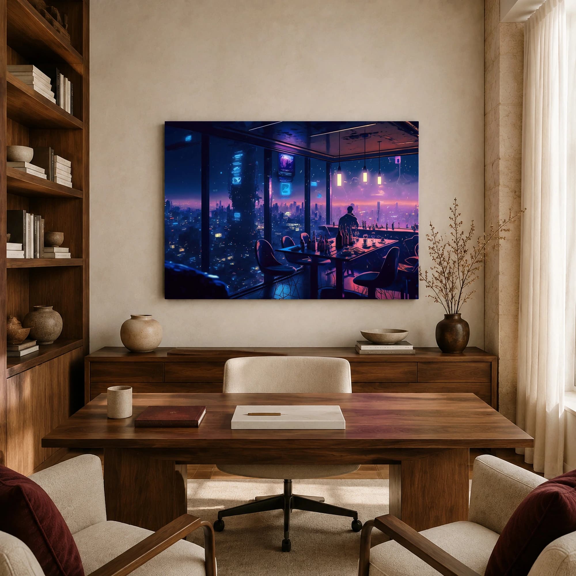 Cyberpunk Cityscape Neon Lounge Canvas Wall Art, view 8