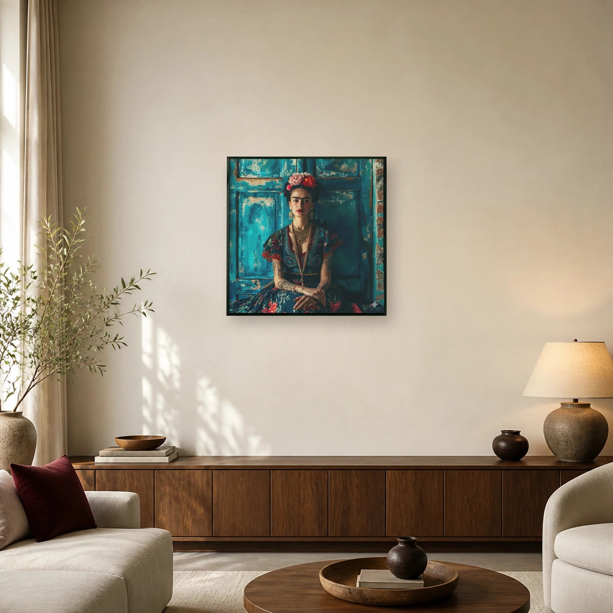 A detailed portrait of Frida Kahlo with floral hair crown, gold jewelry, and arm tattoos, seated before a distressed teal wooden door.