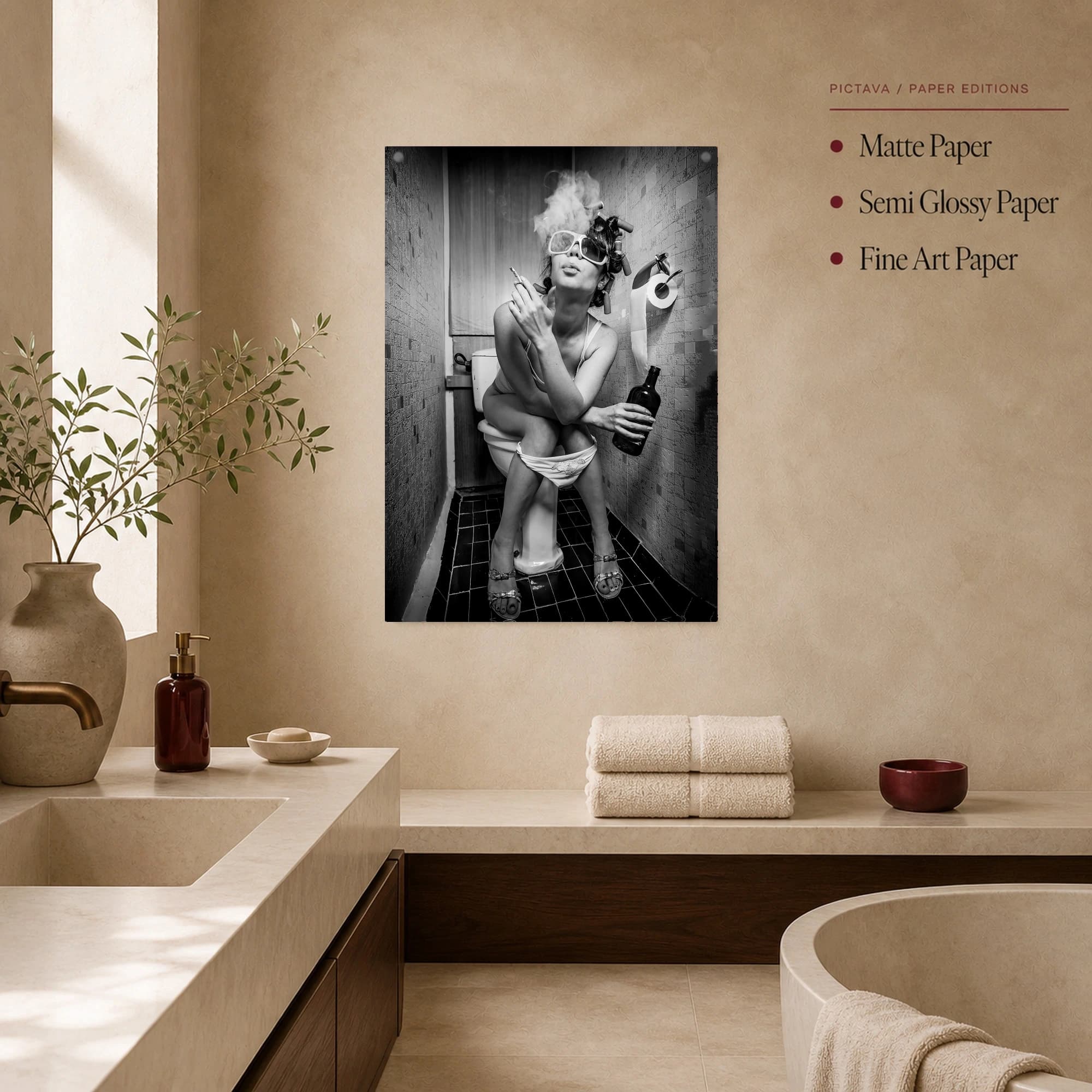Funny Bathroom Wall Art - Smoking Woman with Hair Rollers, view 2