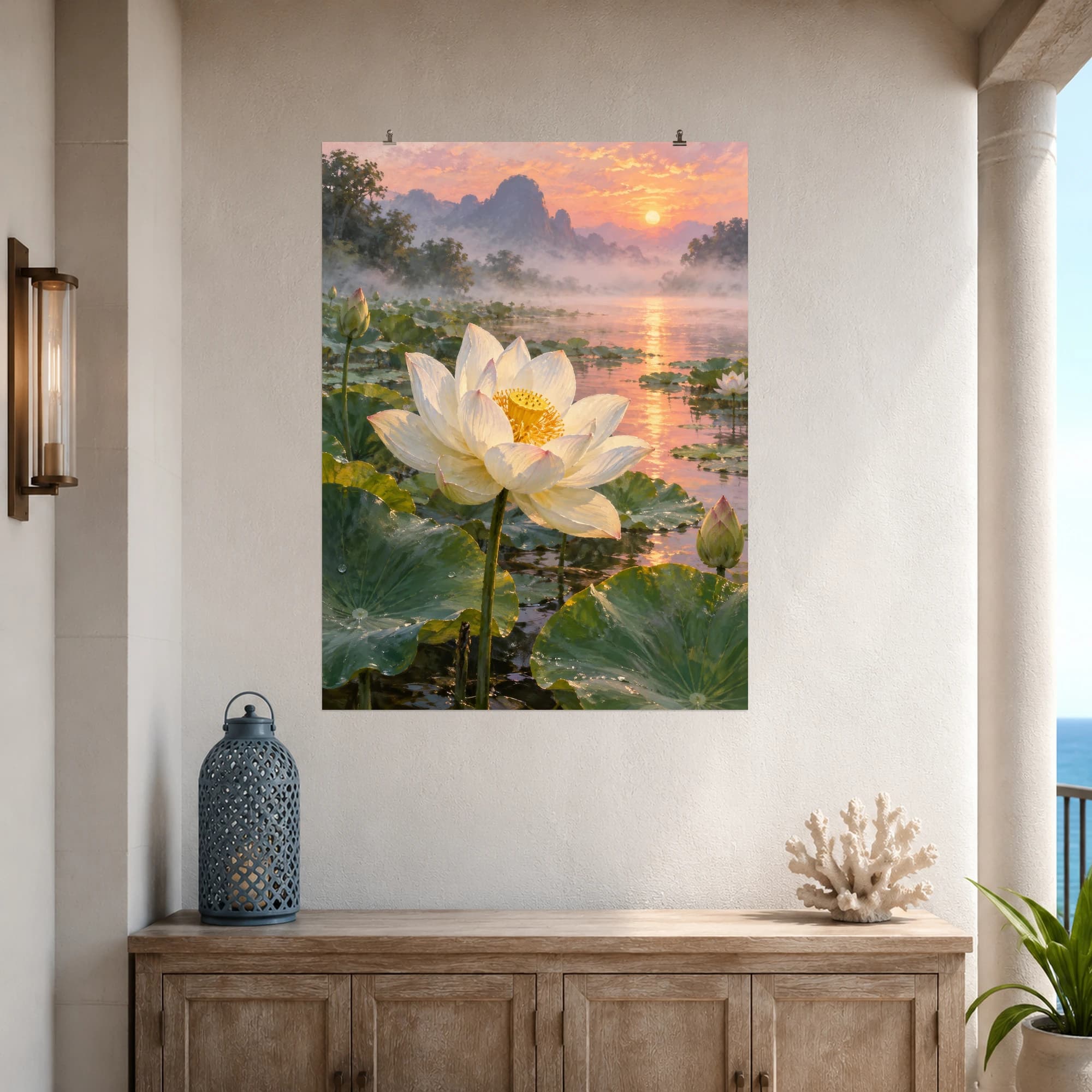 A white lotus opens above a pond at sunrise. Mist and softly reflected light surround the luminous flower.