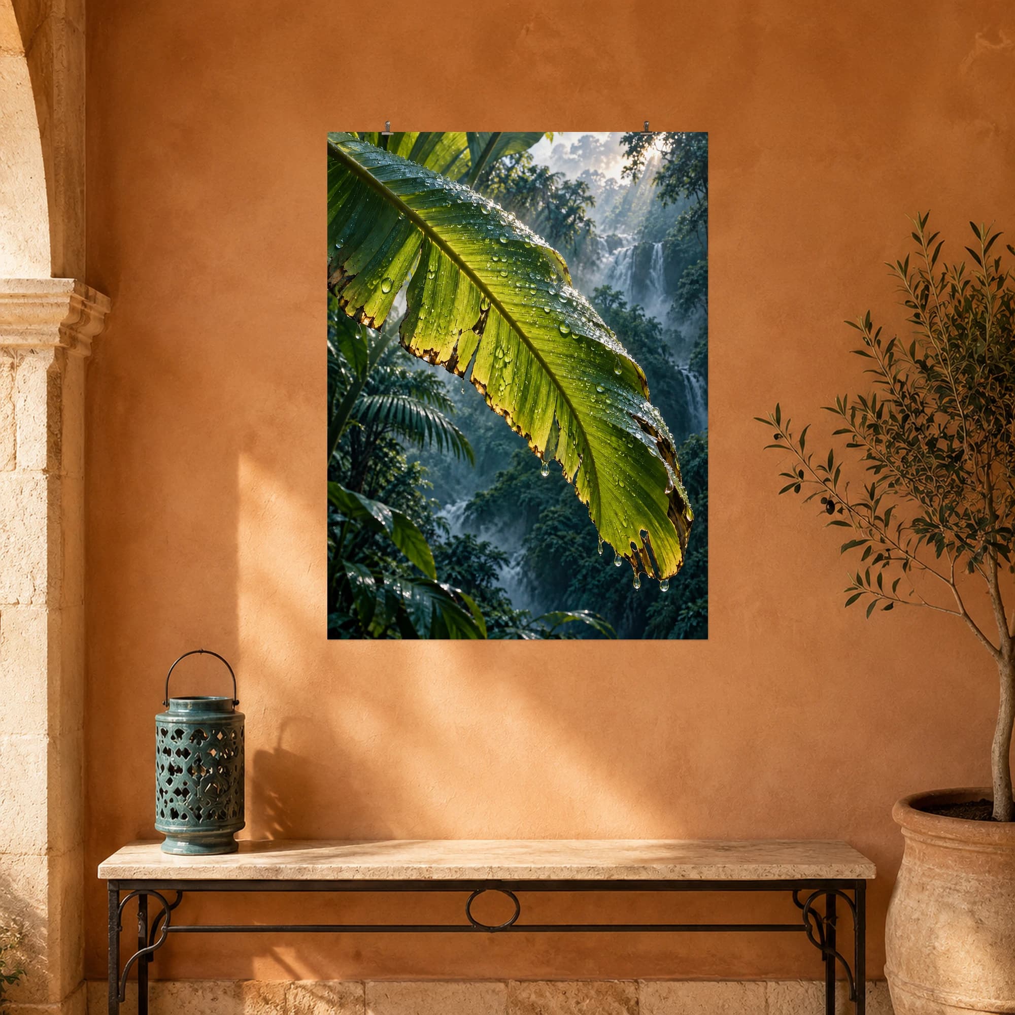 Rain glistens on a folded banana leaf as sunlight breaks through tropical foliage.