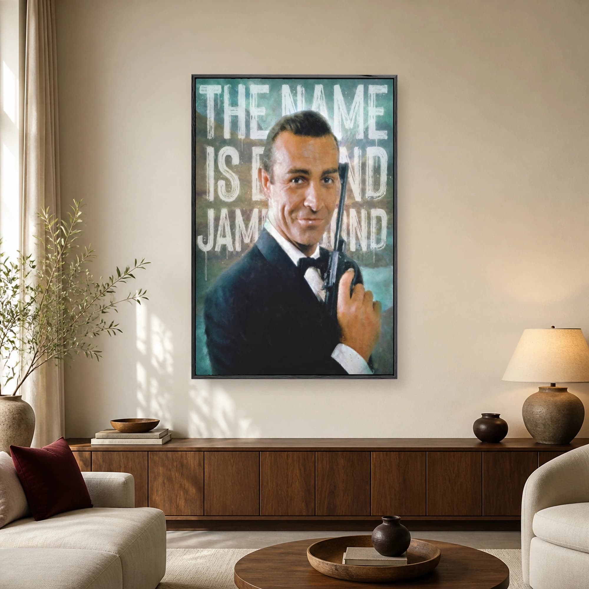 Stylized pop art portrait of James Bond in a tuxedo holding a pistol against a distressed teal typographic background with the phrase The Name Is Bond.