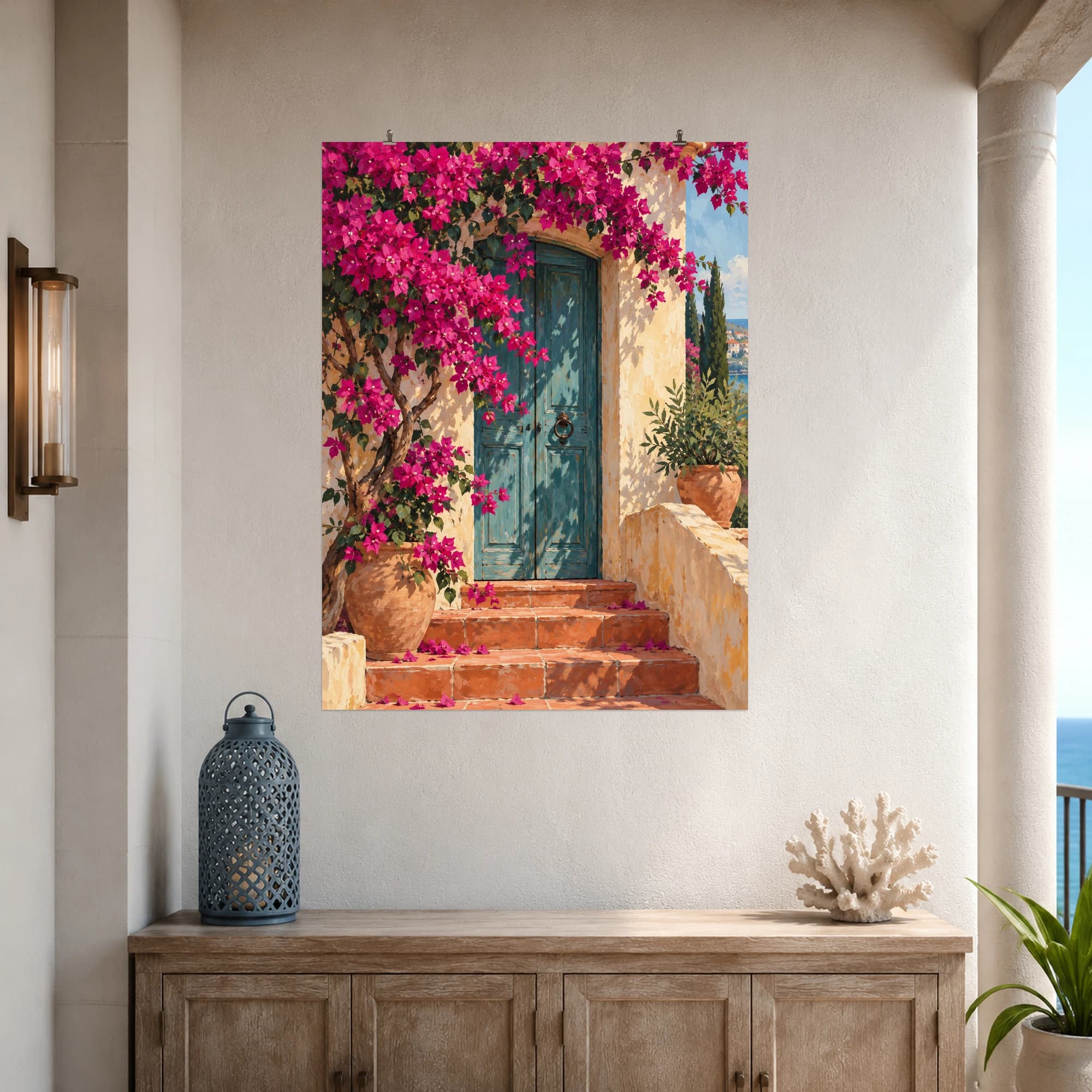 This gouache-style composition features magenta bougainvillea spilling around a weathered teal door with warm cream stucco and terracotta steps. Expressive brushwork and carefully balanced color bring a distinctive focal point to your wall.