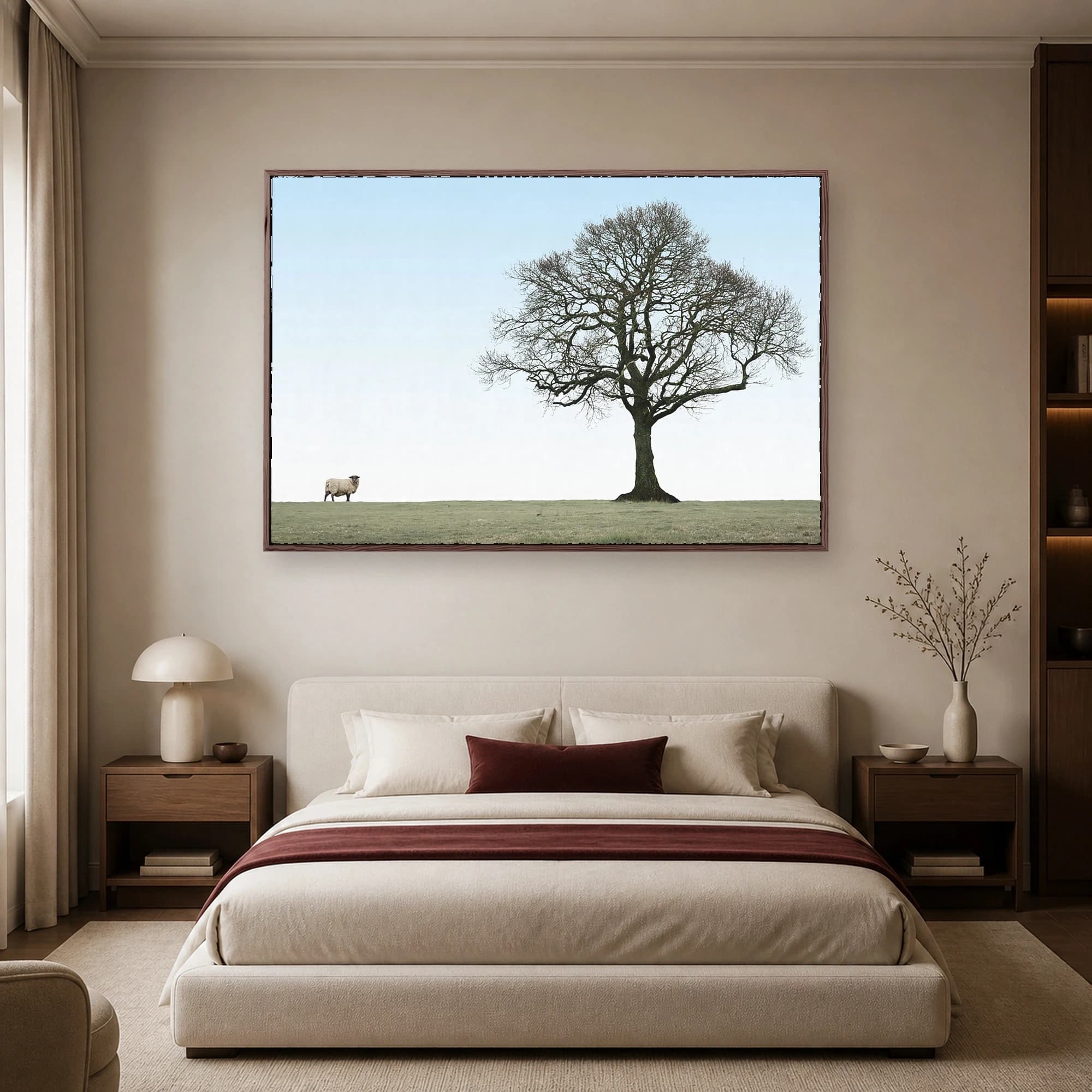 Solitary Tree and Grazing Sheep Minimalist Landscape Print, view 5