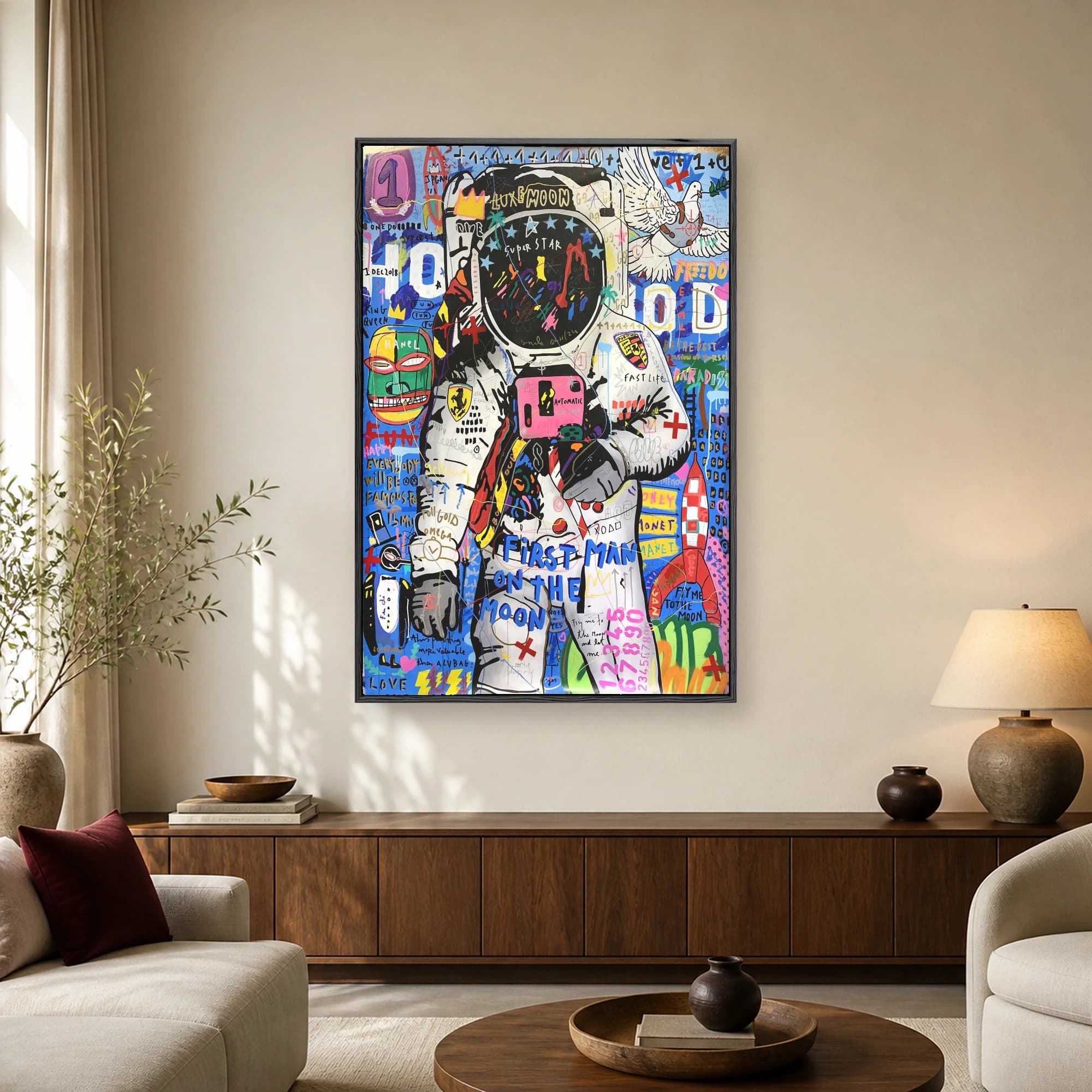 A vibrant pop art print showing a graffiti-covered astronaut in a spacesuit holding a pink camera, surrounded by colorful street art symbols and text.