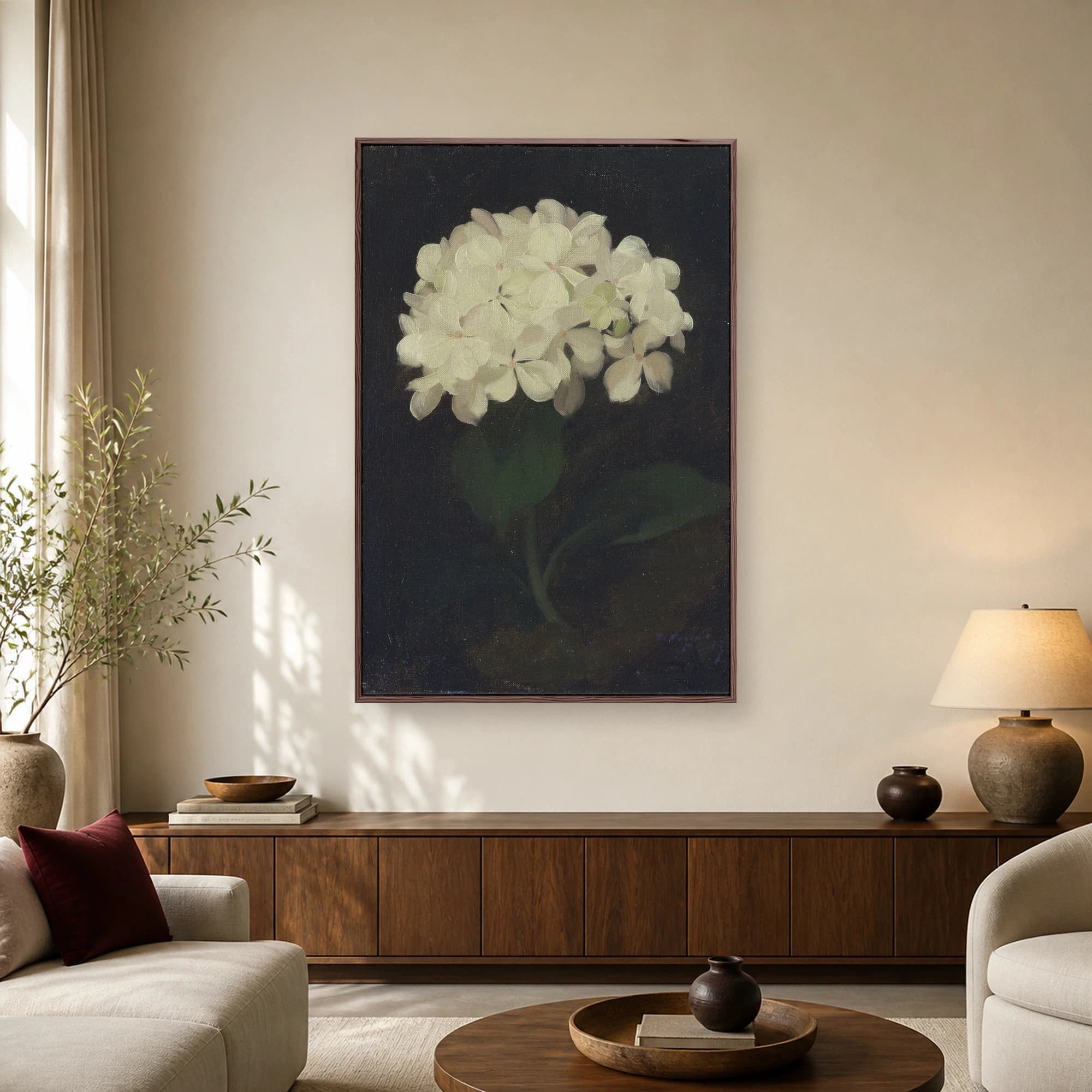 Fine art oil painting of white hydrangea flowers with dark green leaves against a dark background