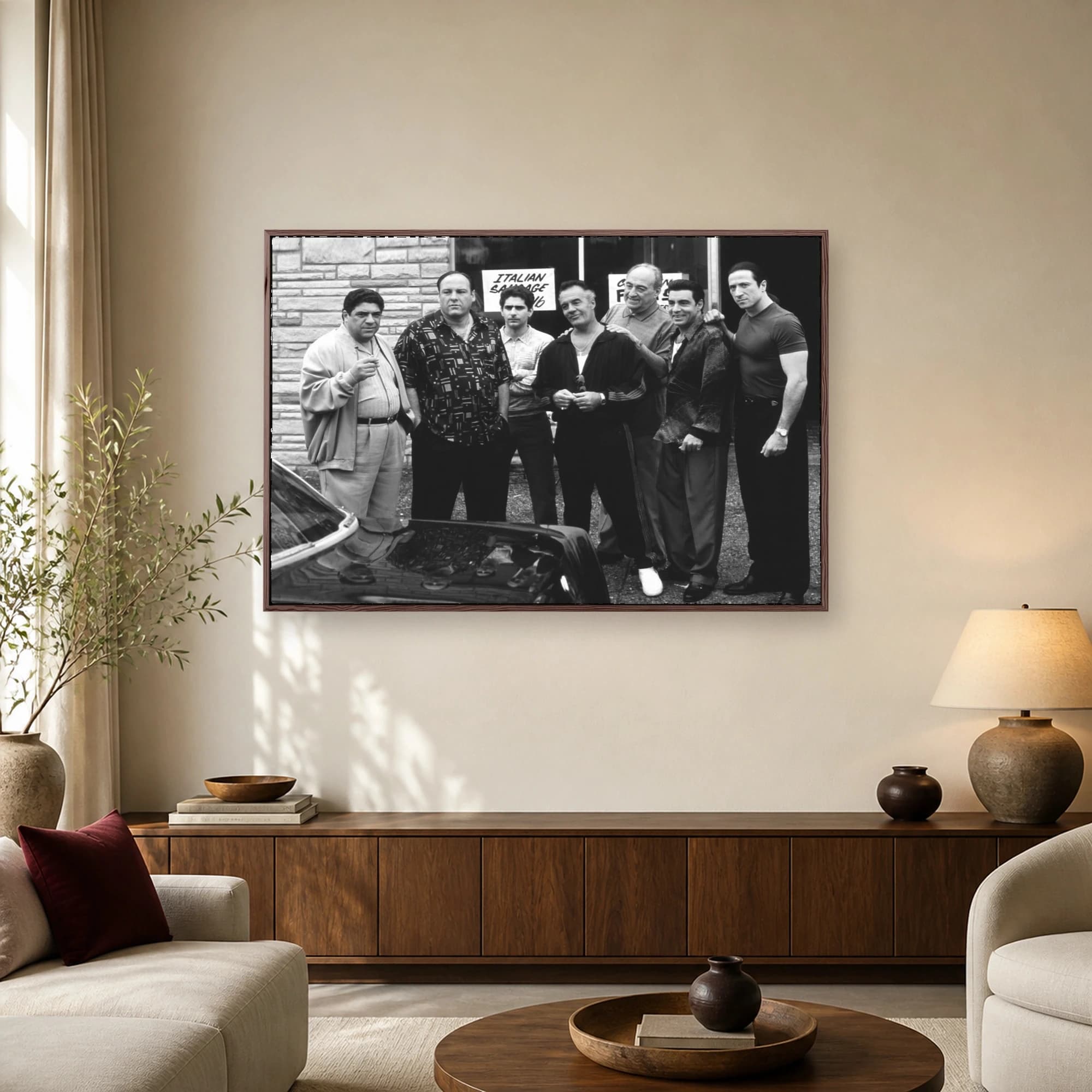 Black and white photograph of six men in 1990s attire standing in a lineup outside a storefront, featuring iconic characters from The Sopranos.