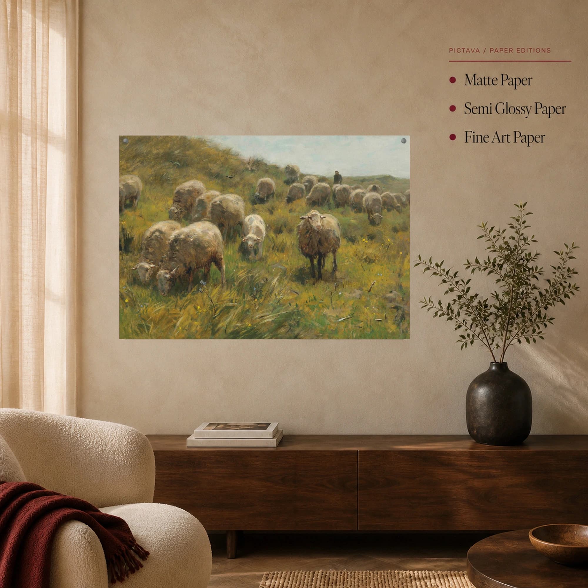 Sheep Grazing on a Hillside Pastoral Fine Art Print, view 6