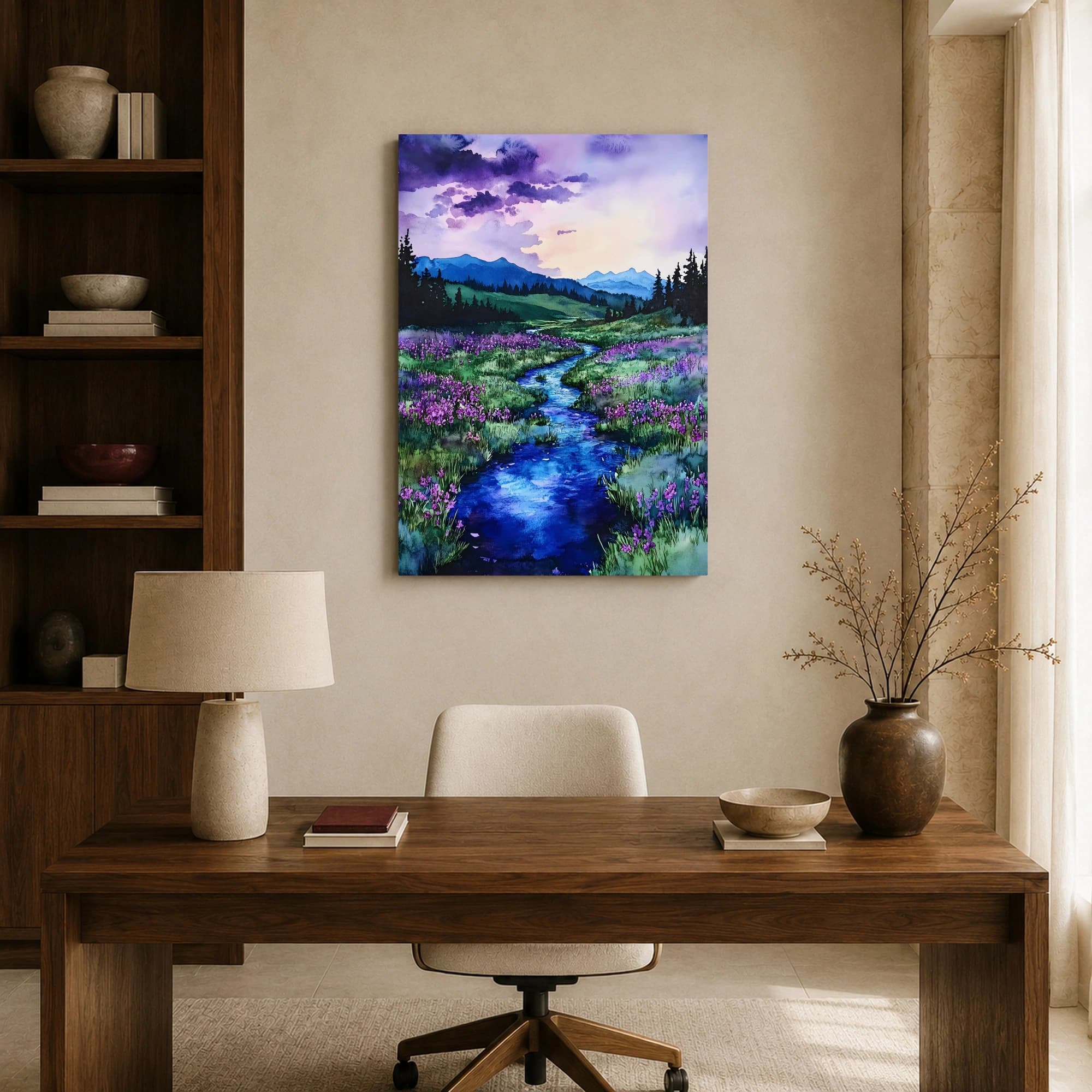 Purple Valley River Watercolor Landscape Wall Art, view 8