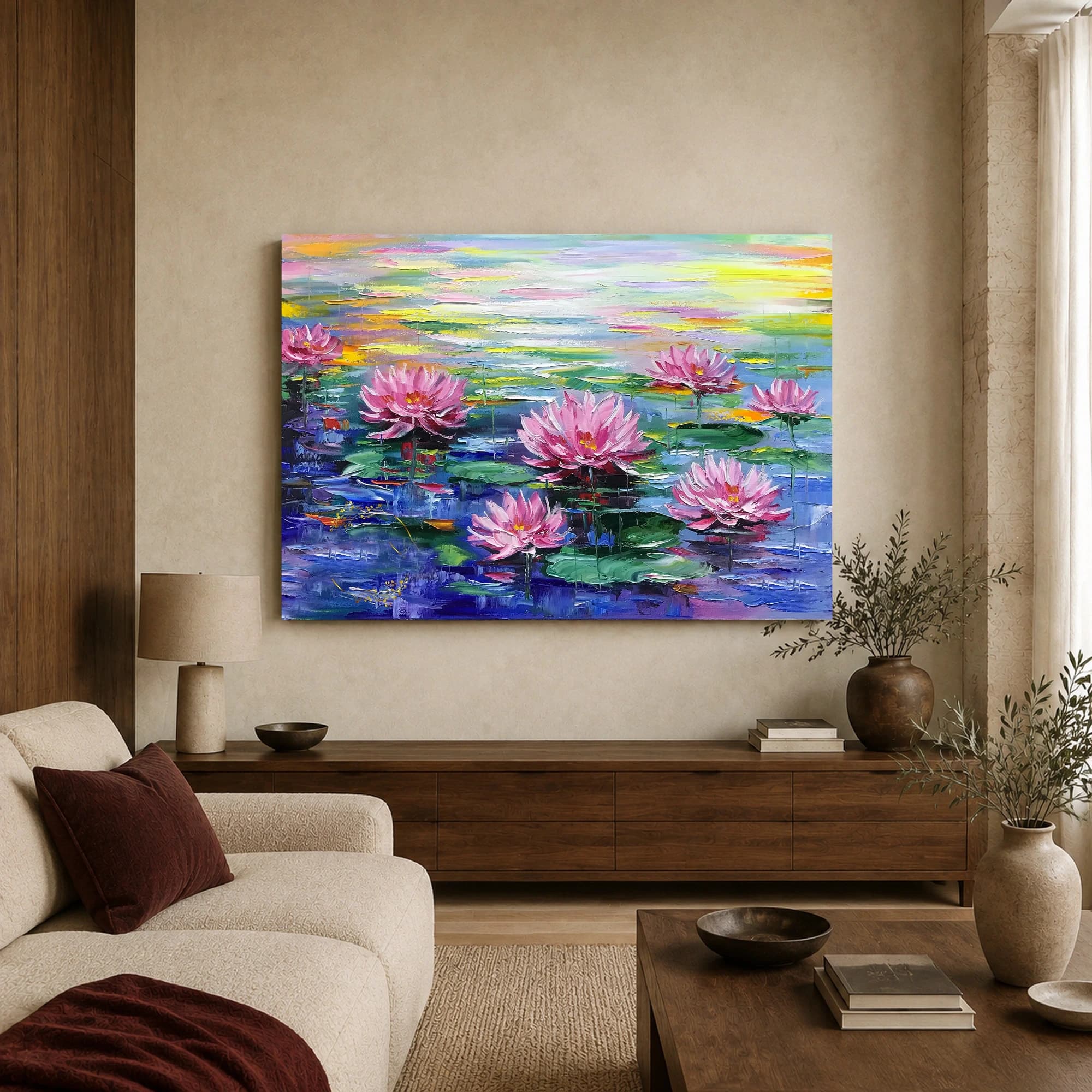 Pink Water Lilies Impressionist Pond Canvas Print, view 3