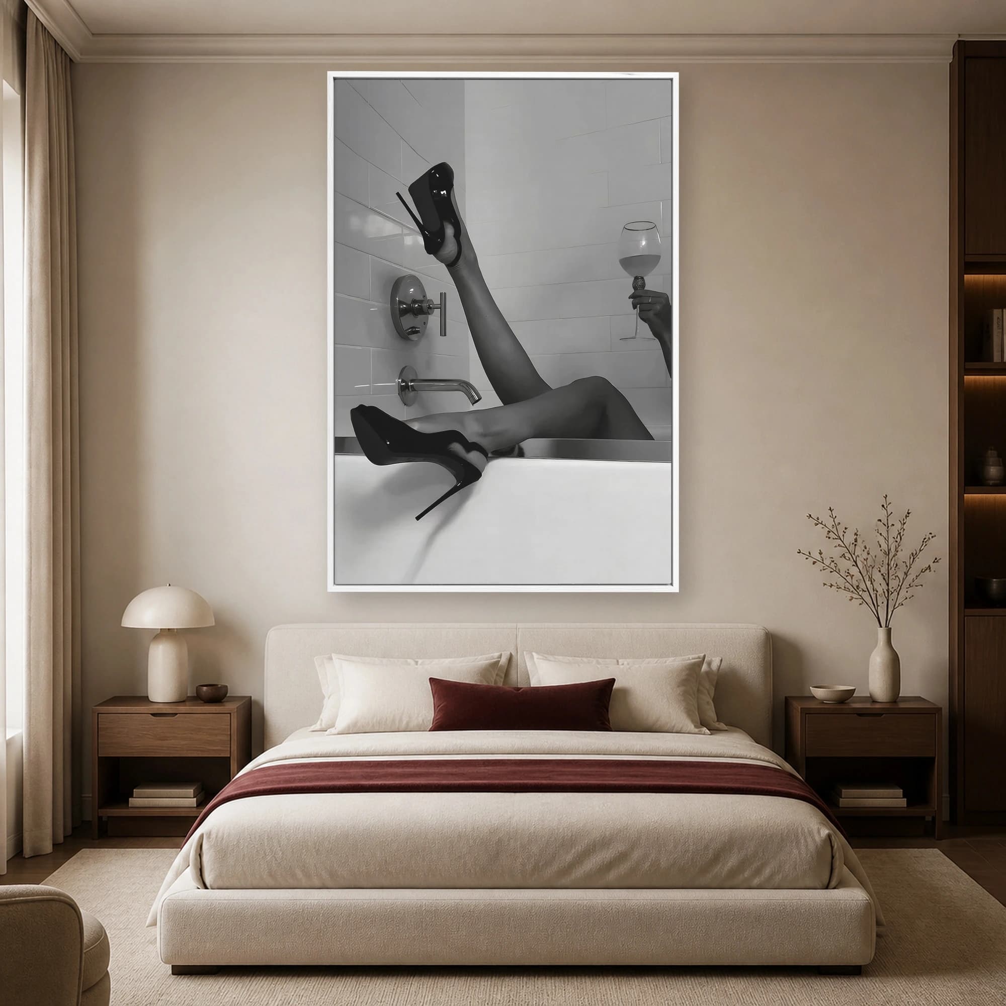 High Heels in Bathtub & Wine Glass Black and White Art, view 5