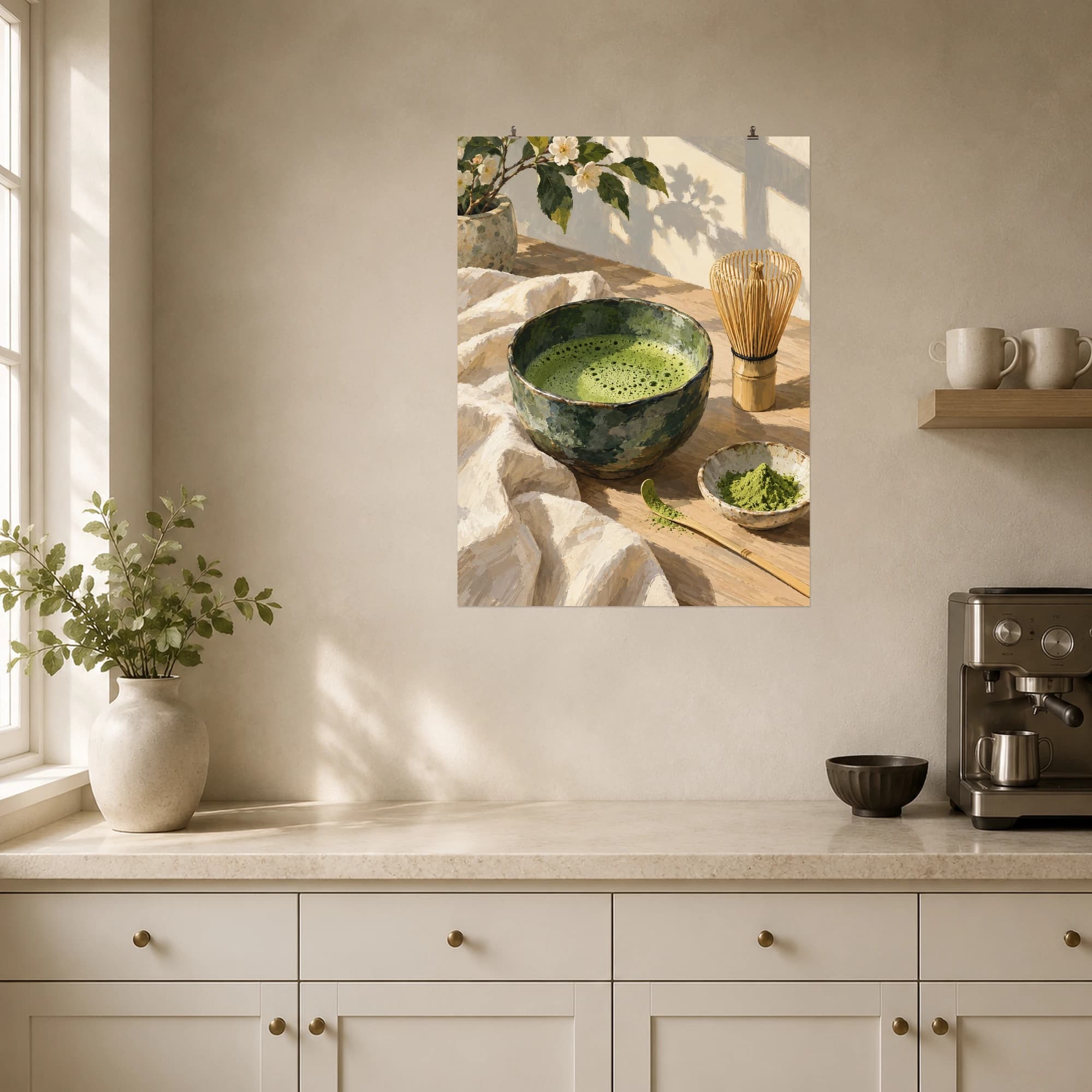 This gouache-style composition features a foamy jade matcha bowl with a bamboo whisk and a small scoop on pale oak, cream cloth and gentle window shadows. Expressive brushwork and a balanced palette bring warmth and character to your space.