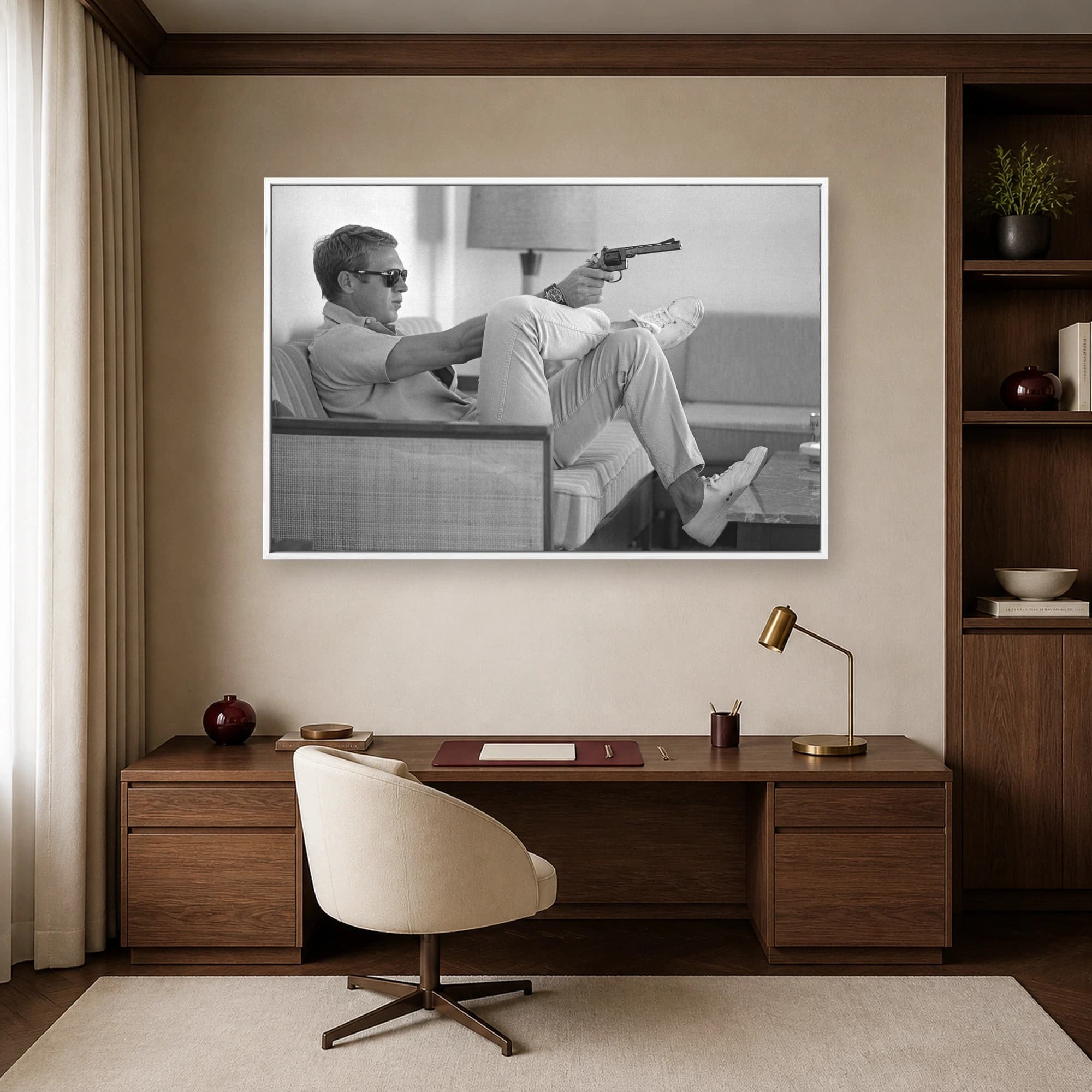 Steve McQueen Casual Gun Pose Black and White Photography Wall Art, view 4