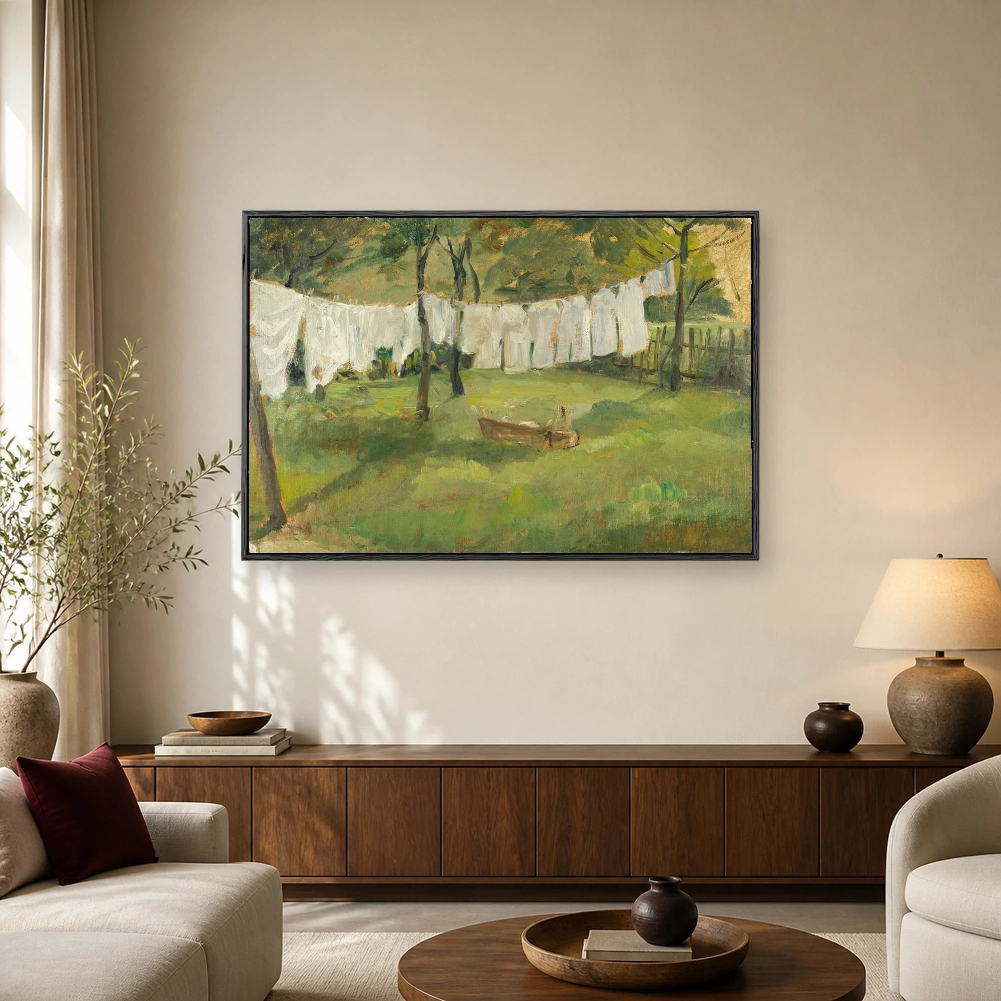 Impressionist oil painting of white laundry hanging on a clothesline in a sunlit green garden with trees and a wooden fence.