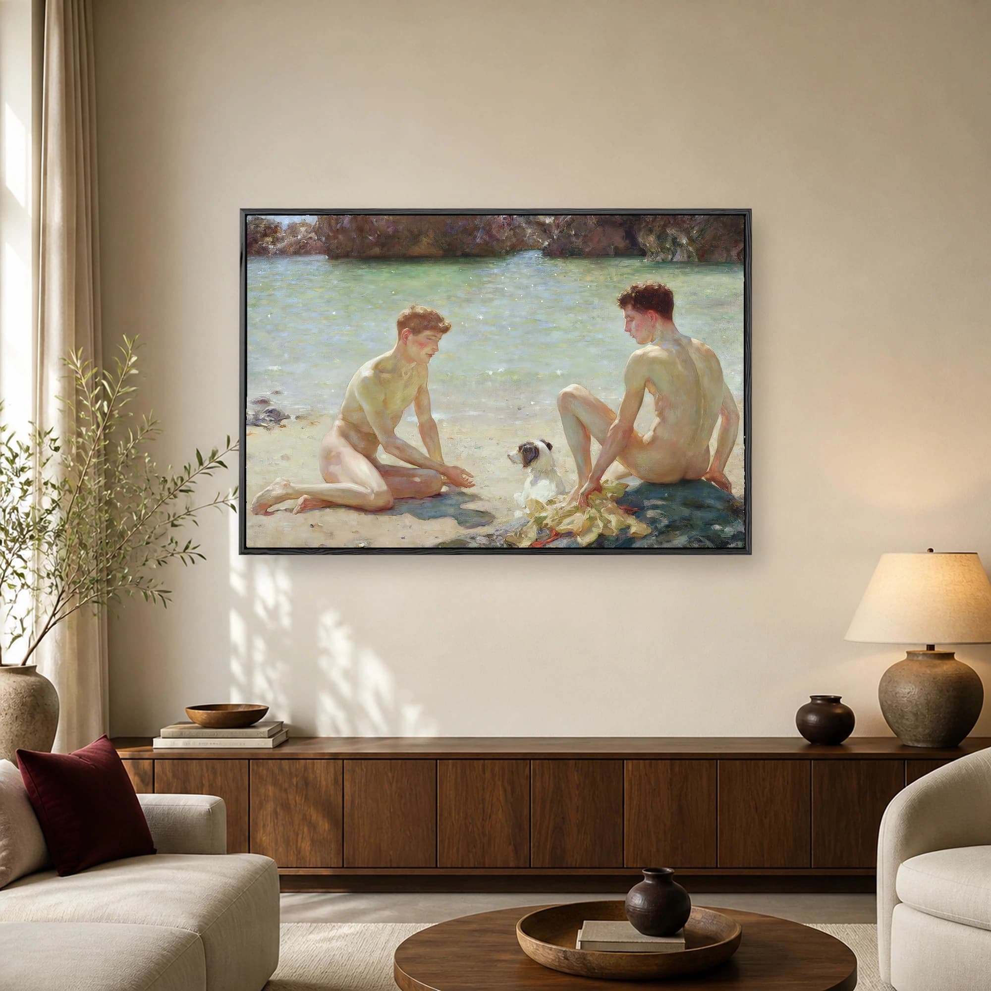 Impressionist painting of two nude young men and a small dog resting on a sunny sandy beach near clear water and dark rocks.