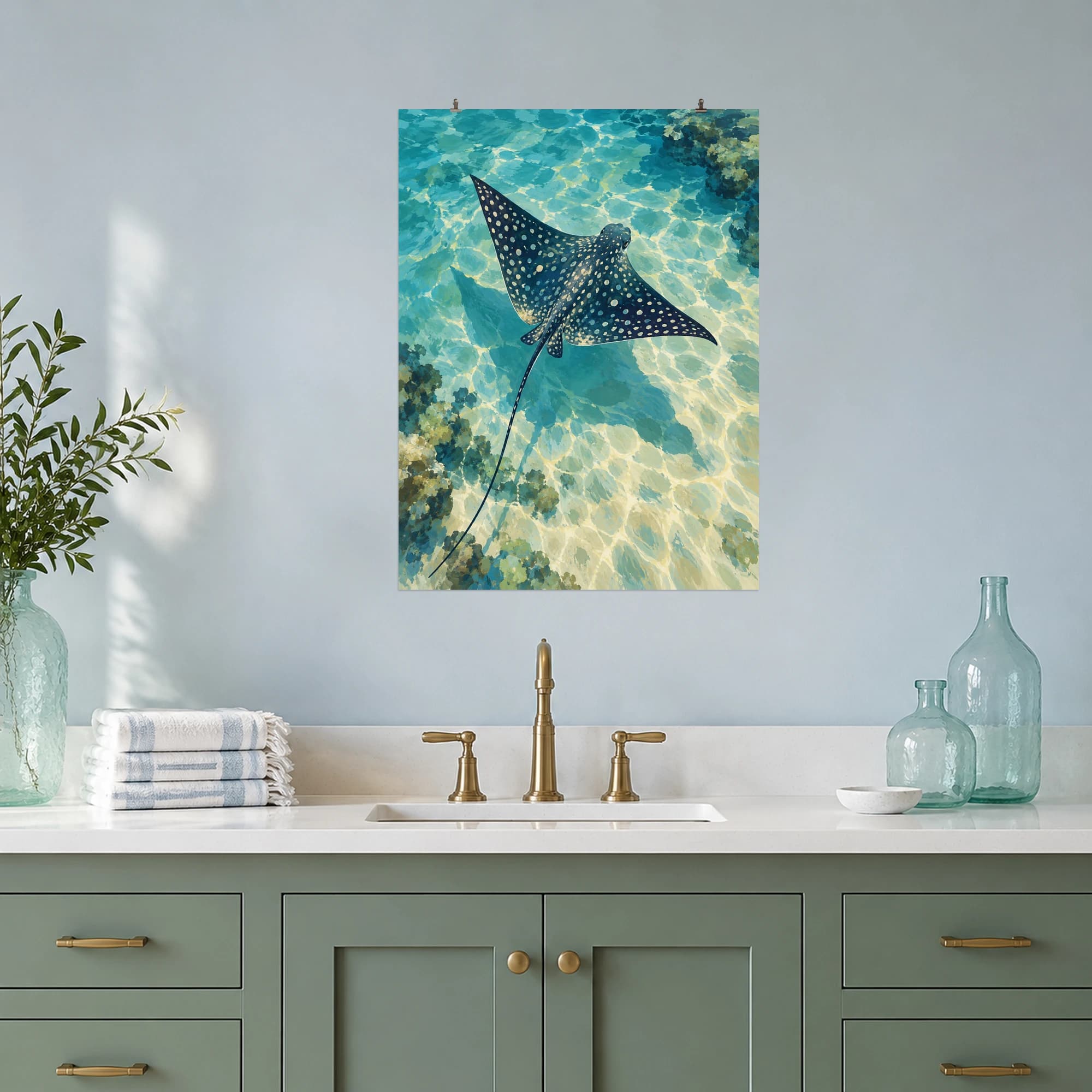 This gouache-style composition features a spotted eagle ray viewed from above gliding through clear turquoise lagoon water over pale sand, elegant wing silhouette and rippling sunlight. Expressive brushwork and a balanced palette bring warmth and character to your space.