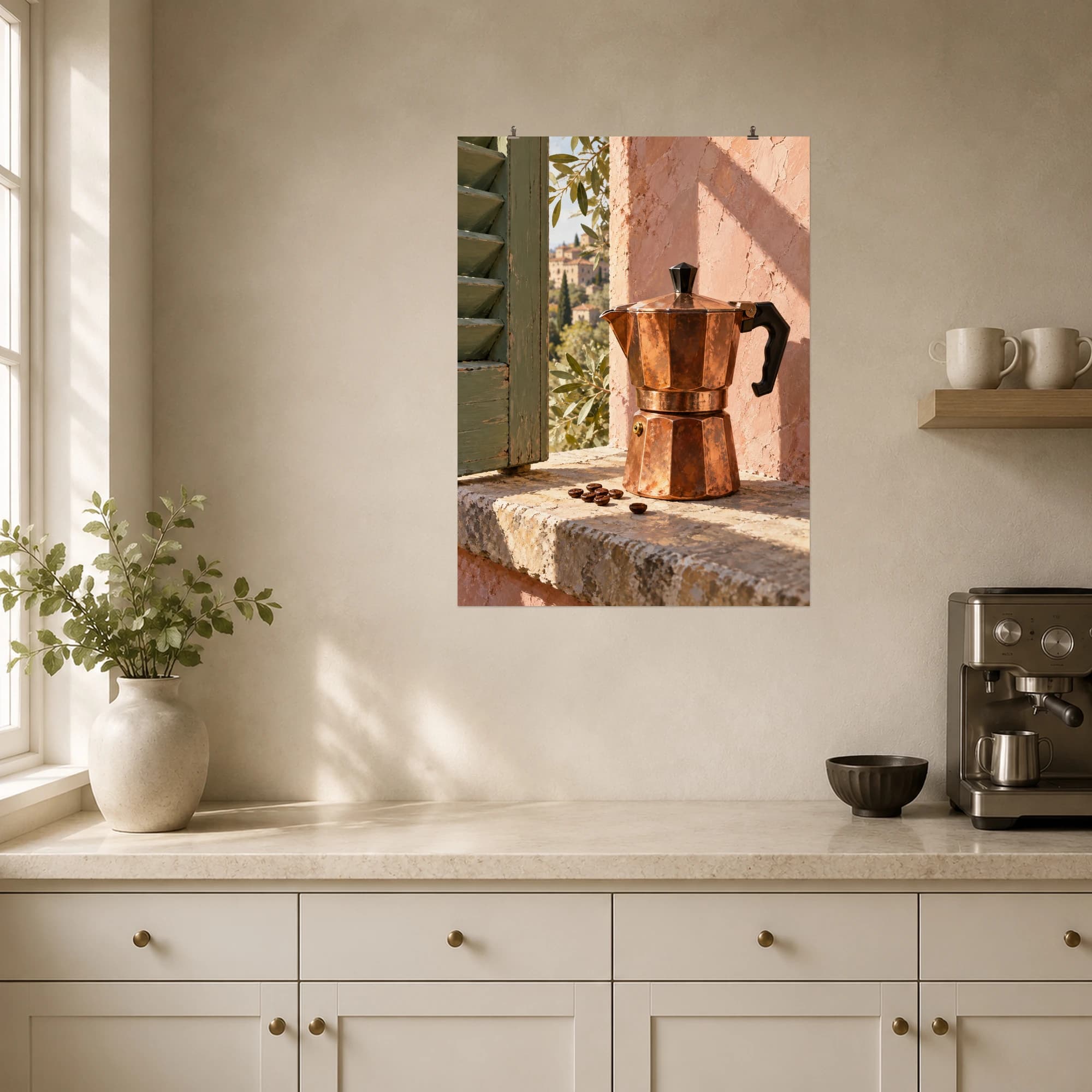 A copper moka pot catches morning light beside an open sage green shutter.