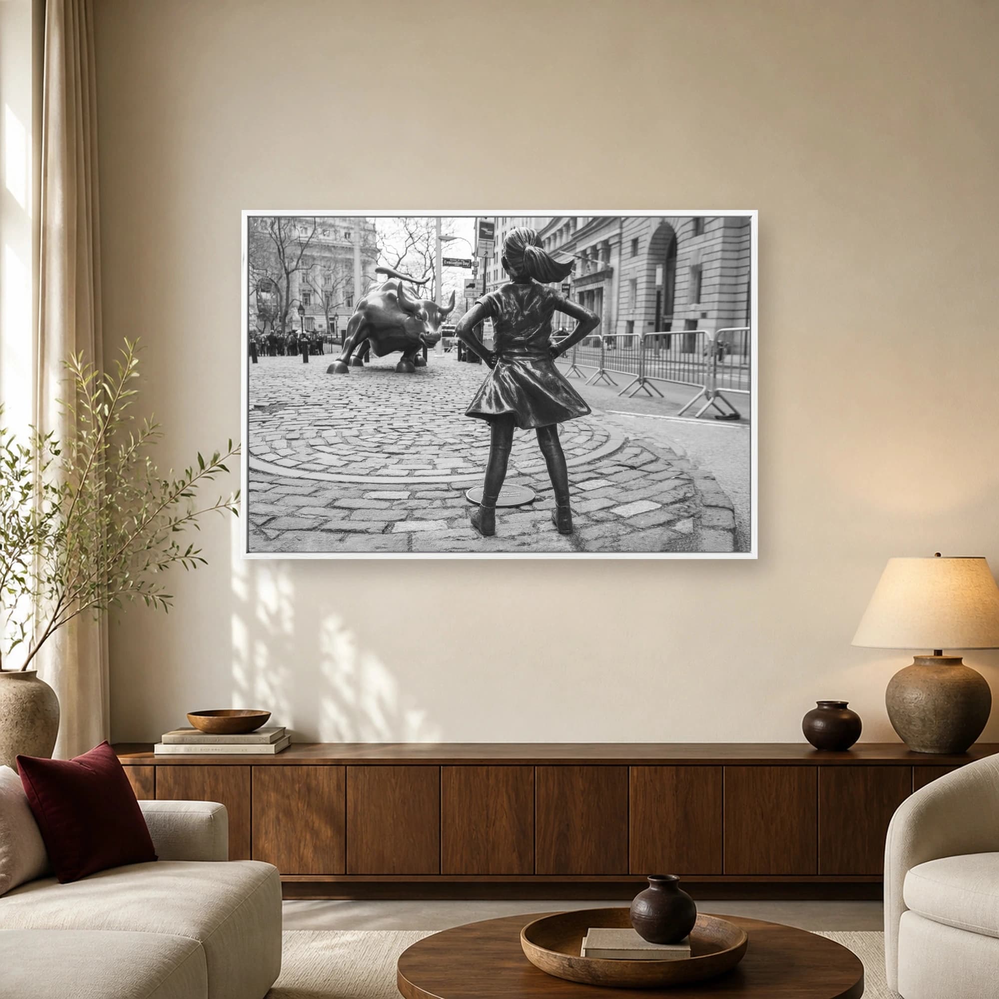 Fearless Girl and Charging Bull Black and White Wall Art Print, view 3