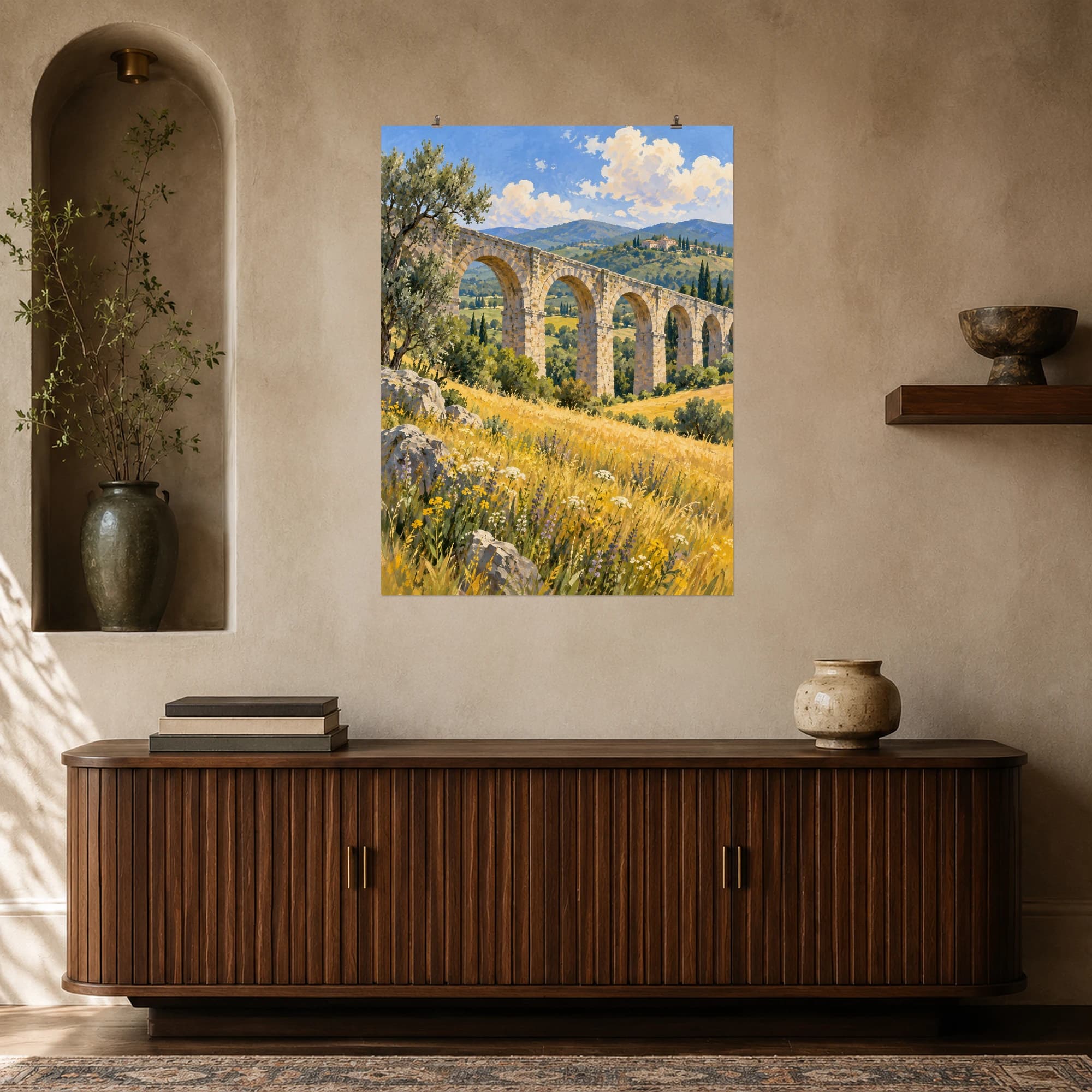 This gouache-style composition features an old stone aqueduct crossing a golden meadow with distant green hills and delicate summer clouds. Expressive brushwork and carefully balanced color bring a distinctive focal point to your wall.