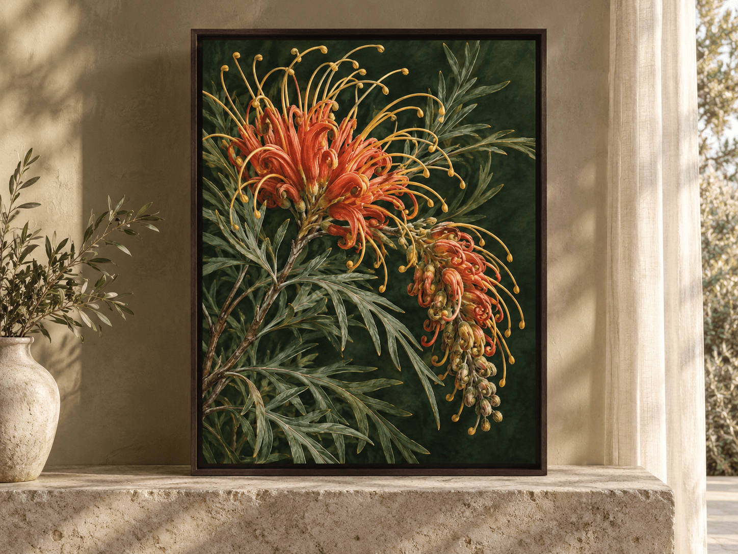This coral grevillea wall art captures a moody botanical scene. Rusty-coral grevillea tubes uncurl into golden styles above finely divided silvery olive foliage.
