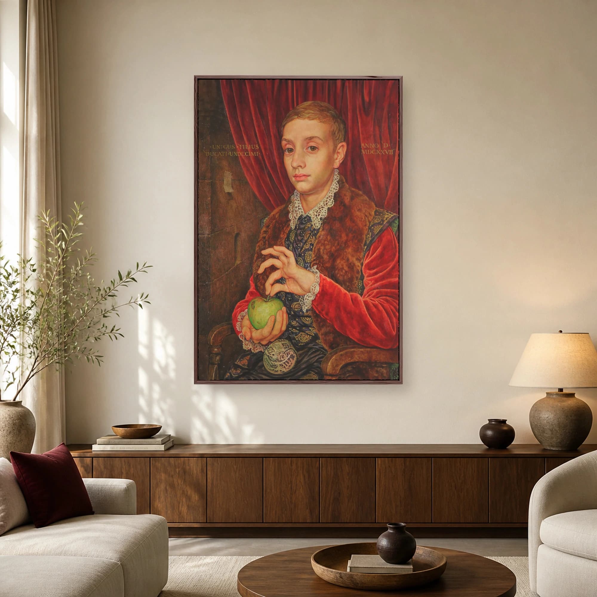 A Renaissance-style portrait of a young boy with short hair, wearing a lace collar and fur-lined red coat, holding a green apple against a crimson curtain background.