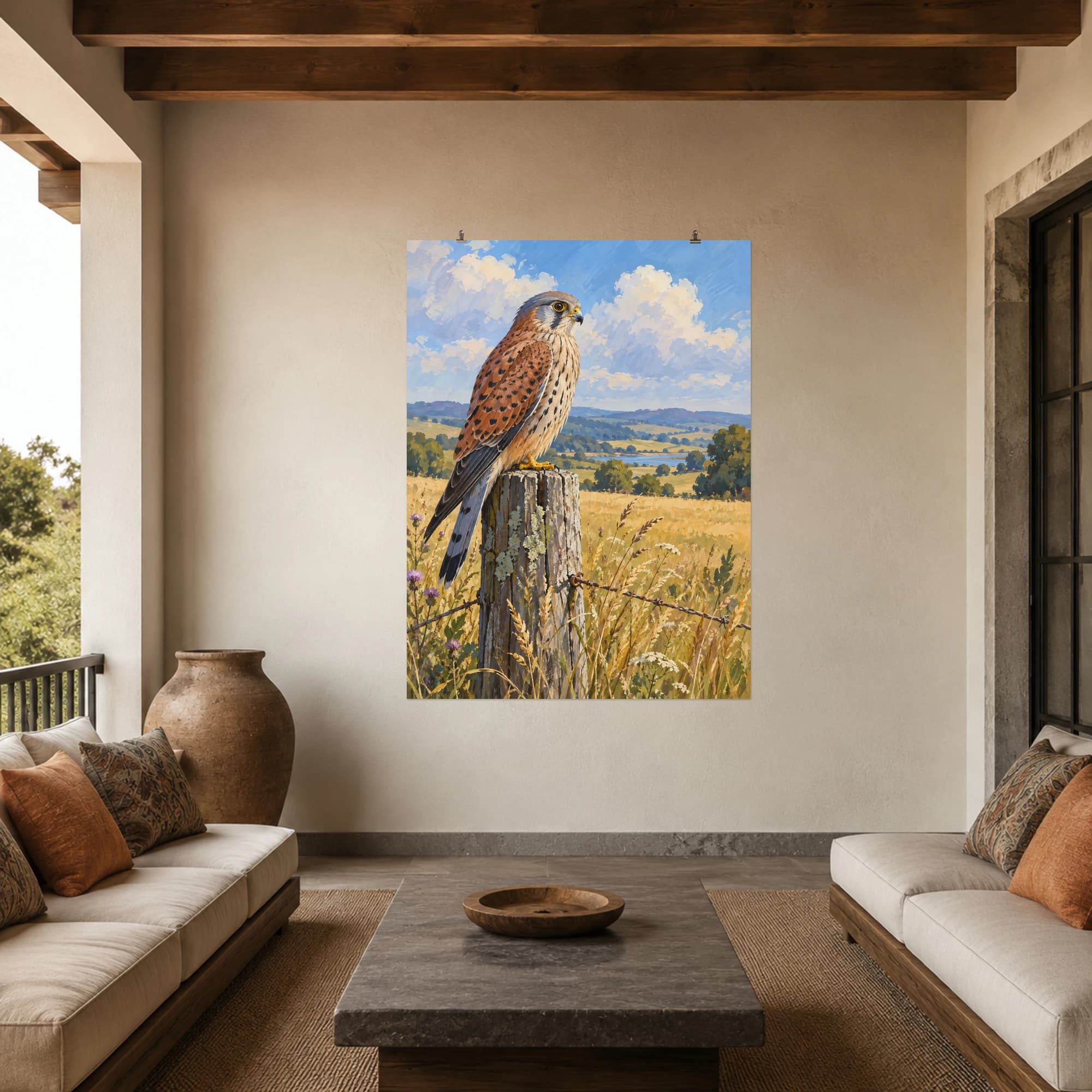 This gouache-style composition features a kestrel resting on a weathered fence post above a golden meadow under a soft blue sky. Expressive brushwork and carefully balanced color bring a distinctive focal point to your wall.