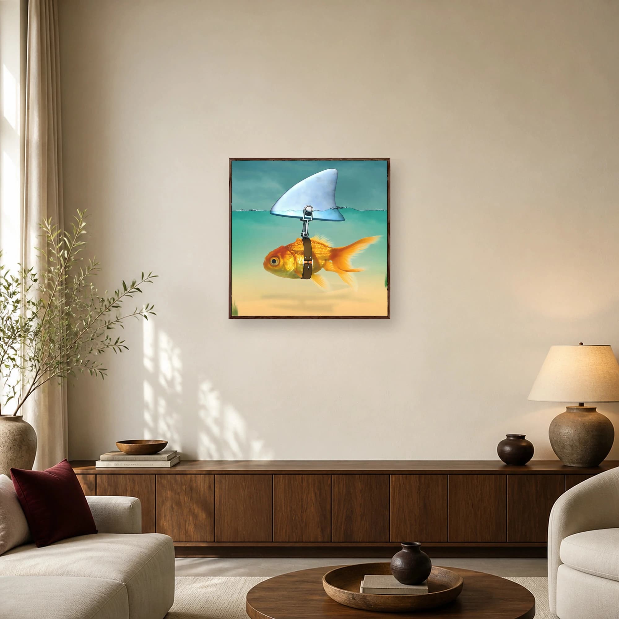Goldfish with Shark Fin Canvas Print Surreal Wall Art, view 2