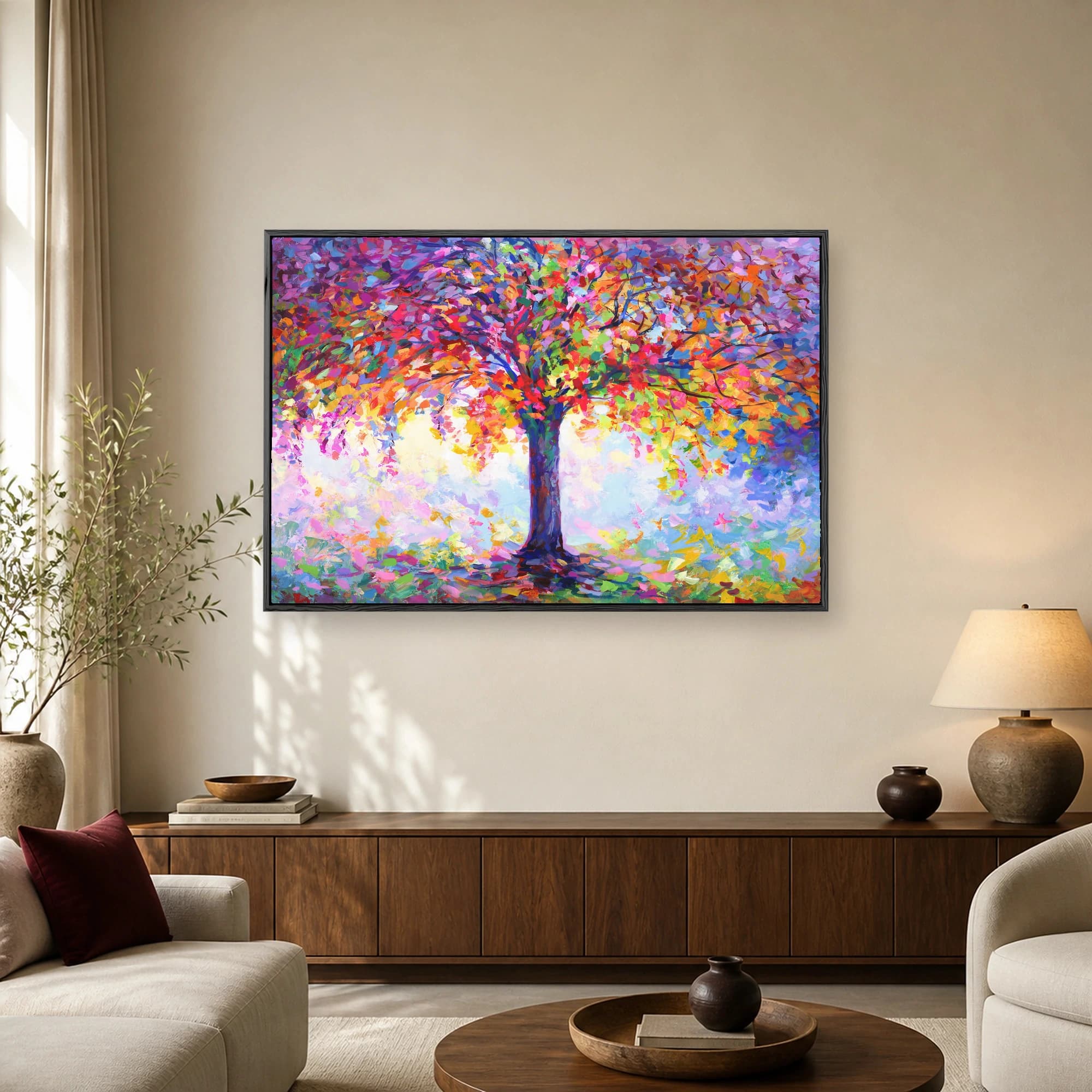 Vibrant abstract painting of a tree with heavy multicolored impasto texture and a luminous background.