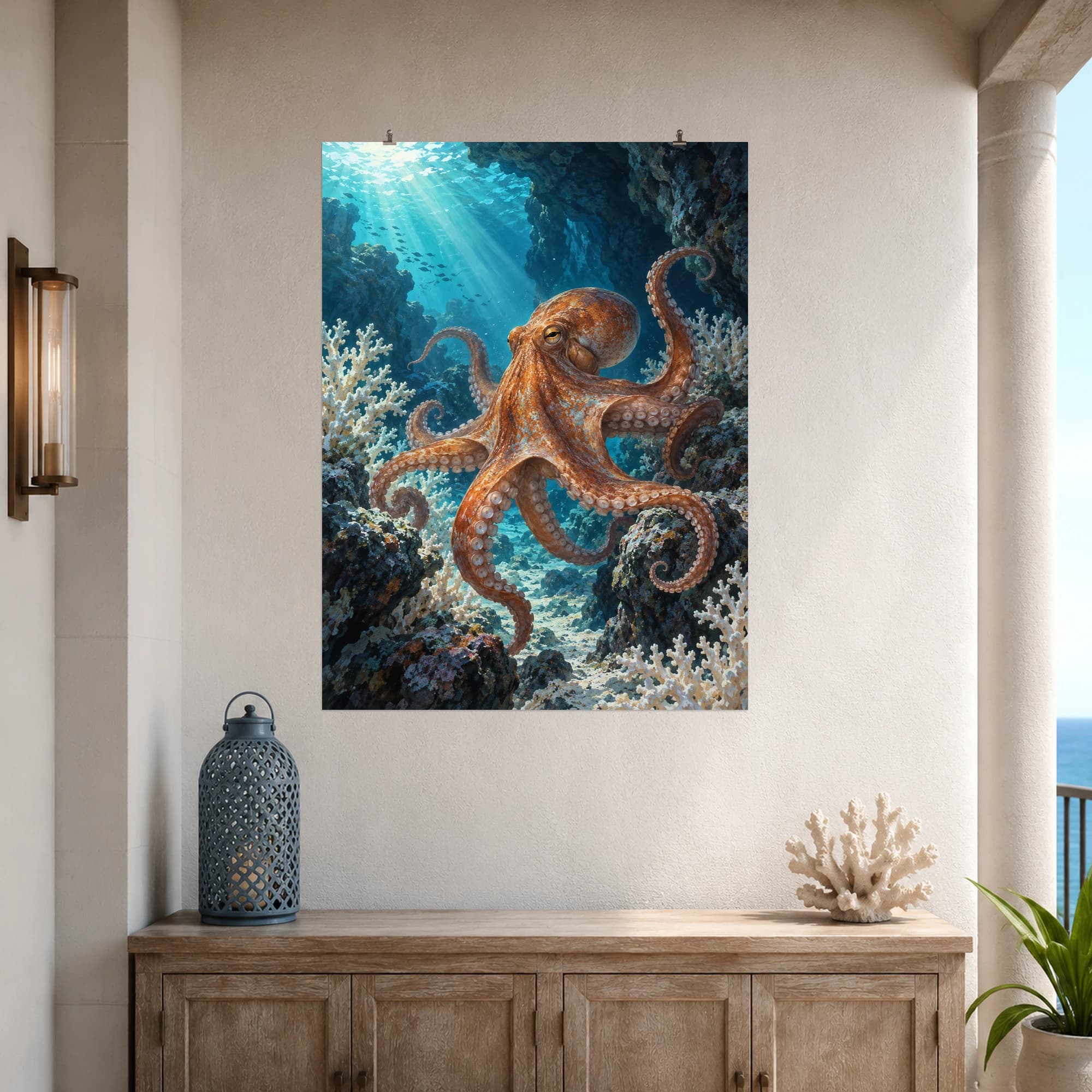 A copper octopus curls through a luminous blue underwater grotto.
