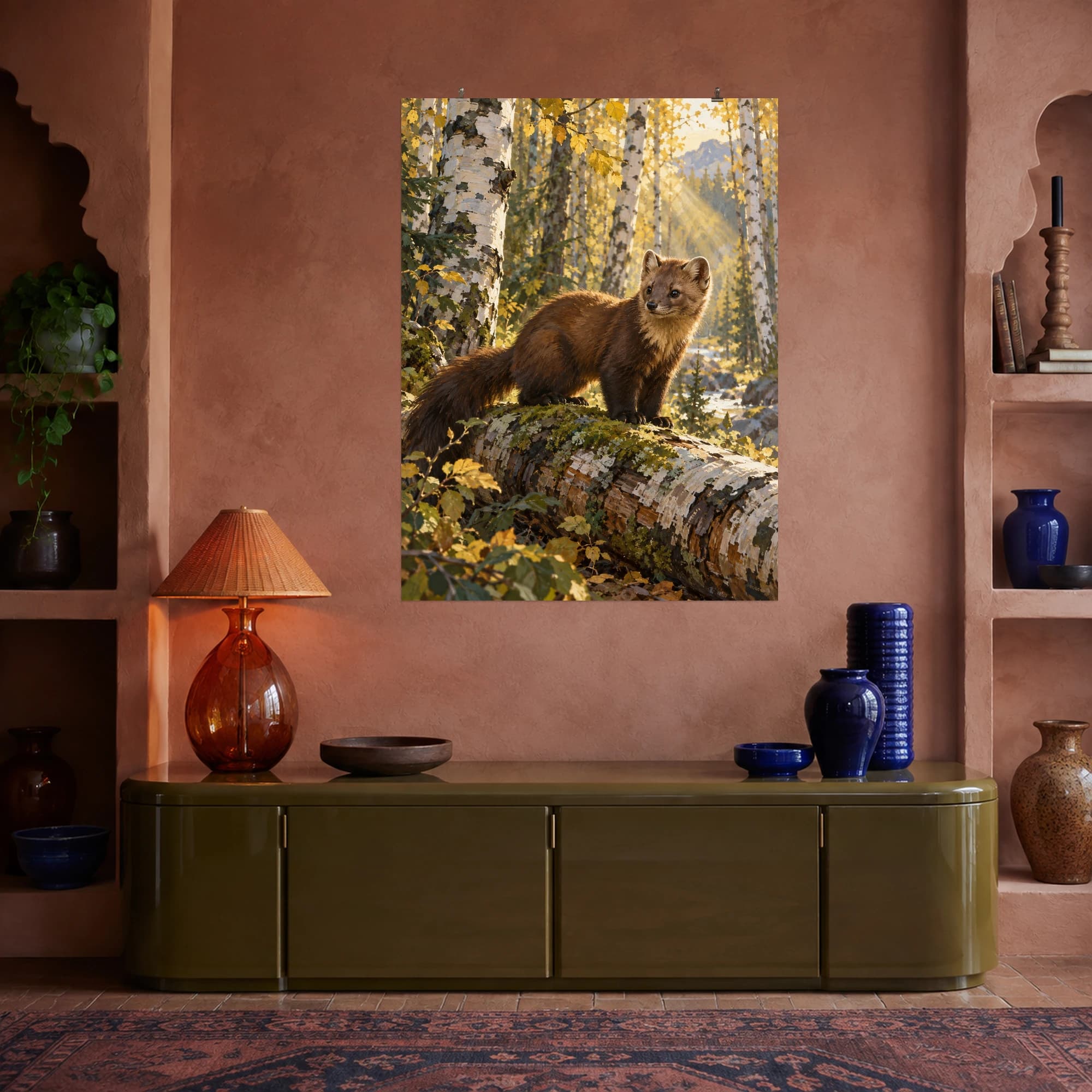 This gouache-style composition features a small sable with rich brown fur on a fallen log in a birch forest with shafts of golden light. Expressive brushwork and a balanced palette bring warmth and character to your space.