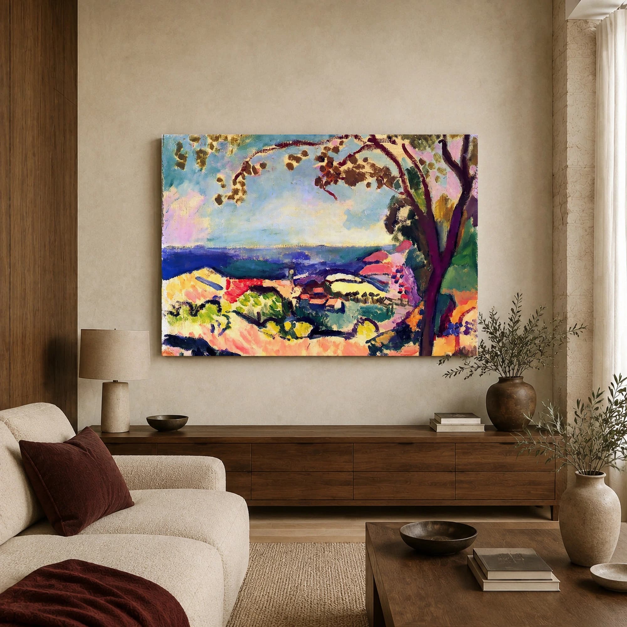 Expressionist Coastal Landscape with Red Roofs Canvas Print, view 3