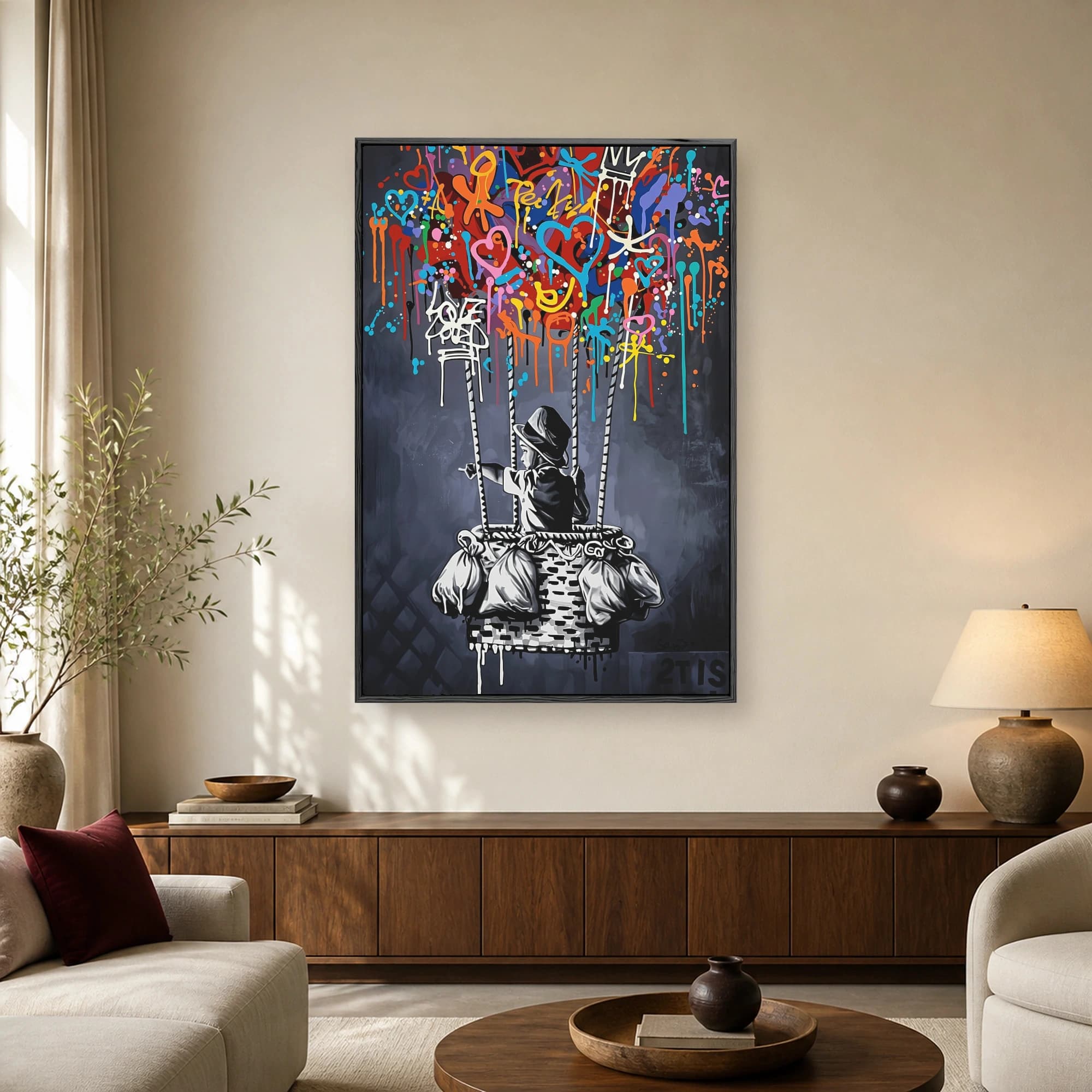 Urban street art canvas showing a monochrome child in a fedora inside a hot air balloon basket under colorful dripping graffiti.