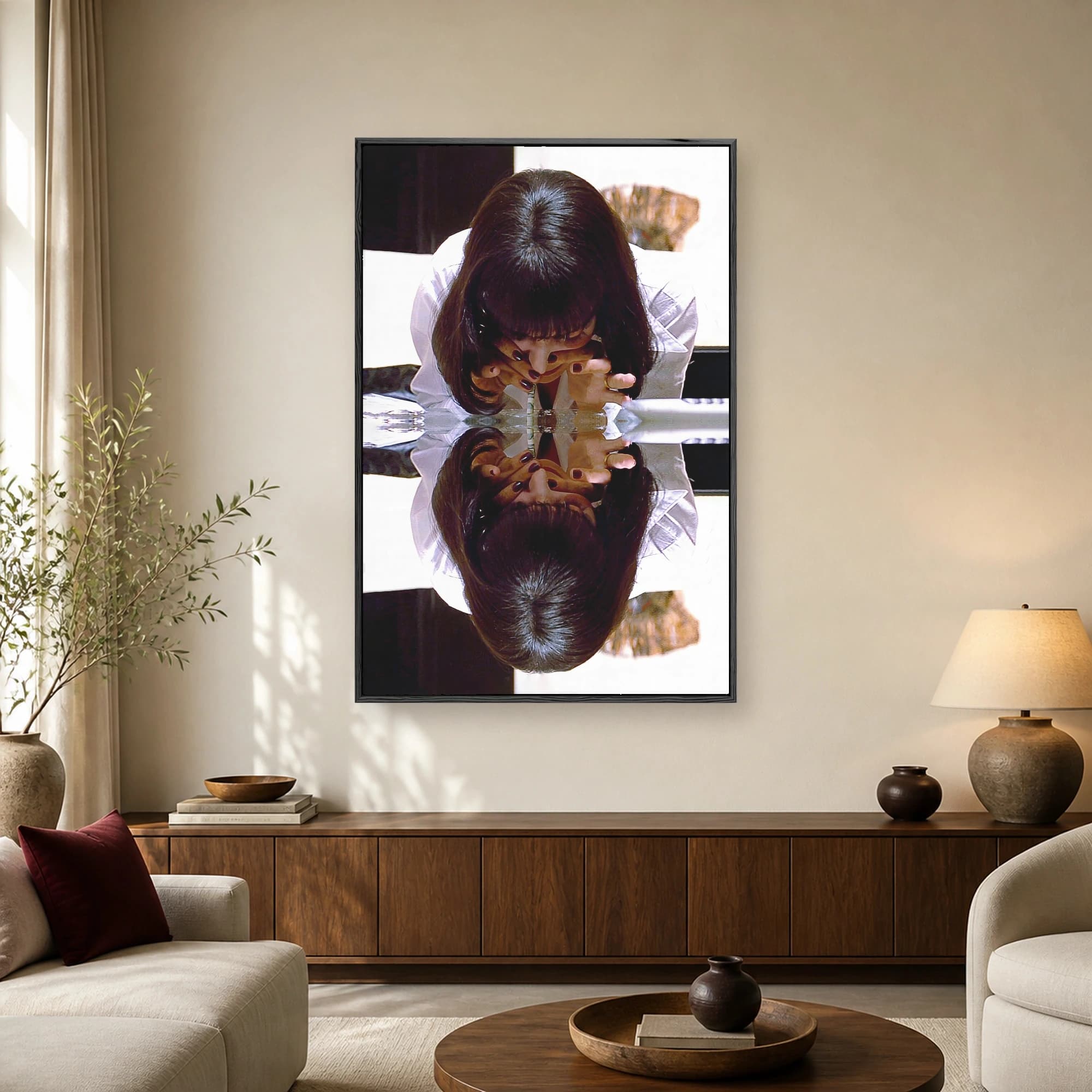 Symmetrical pop art print featuring a dark-haired character in a white shirt with dramatic mirror reflection and high contrast.