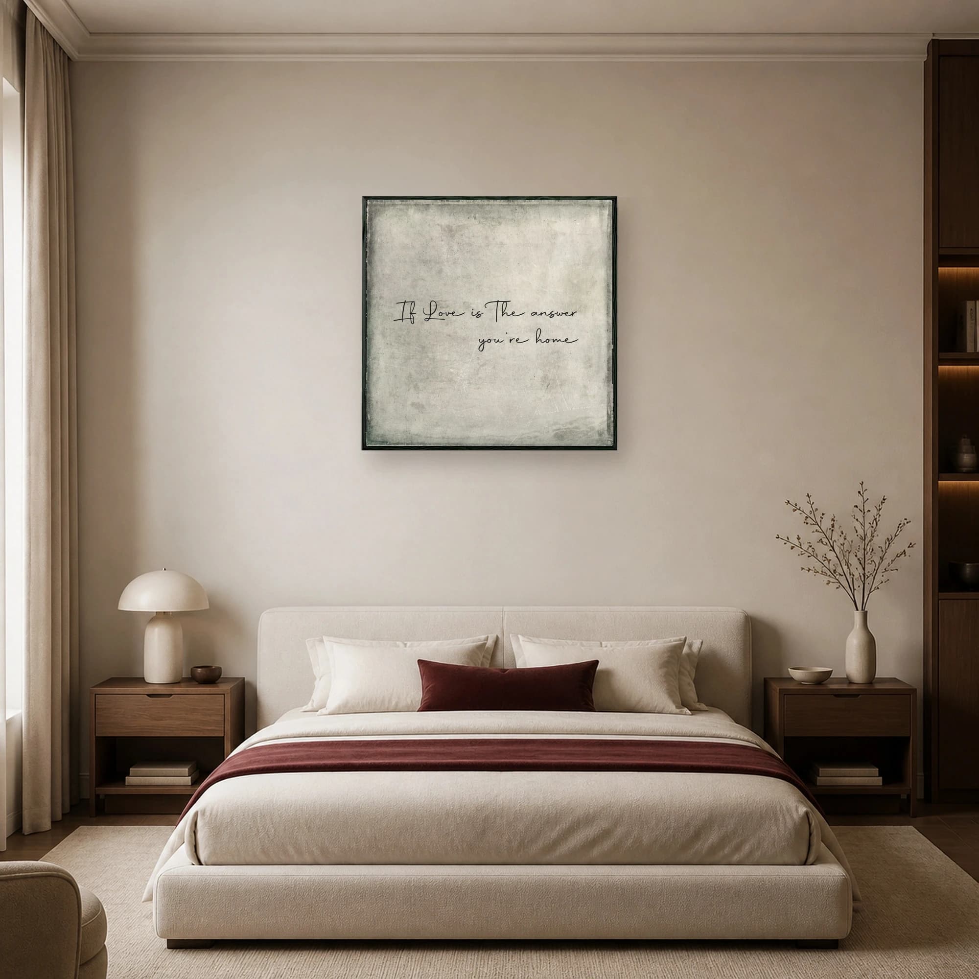 Minimalist typography art reading If Love Is The Answer You're Home in black script against a textured gray concrete background.