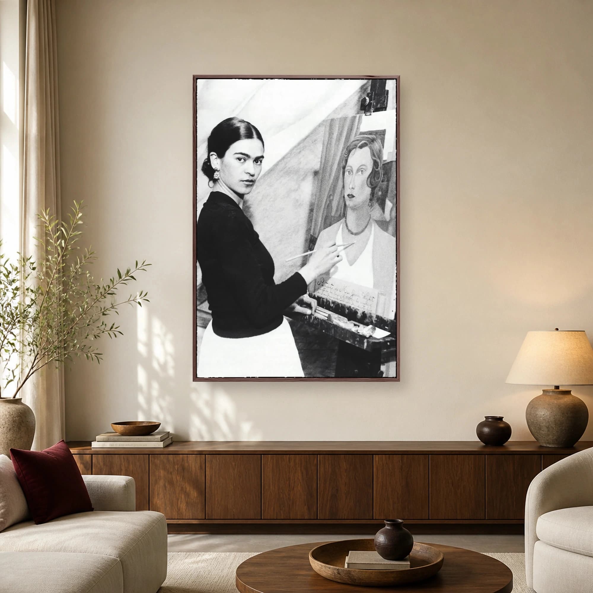 Historic black and white photograph of Frida Kahlo holding a paintbrush while working on a portrait painting at her studio easel.