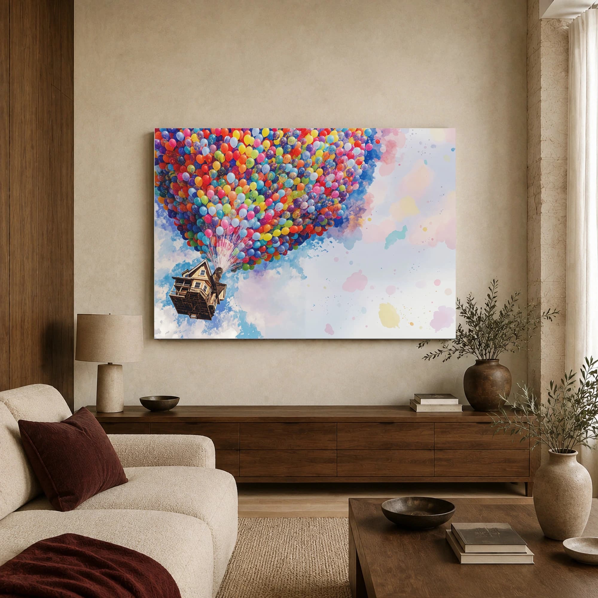 Floating House With Colorful Balloons Canvas Art Print, view 2