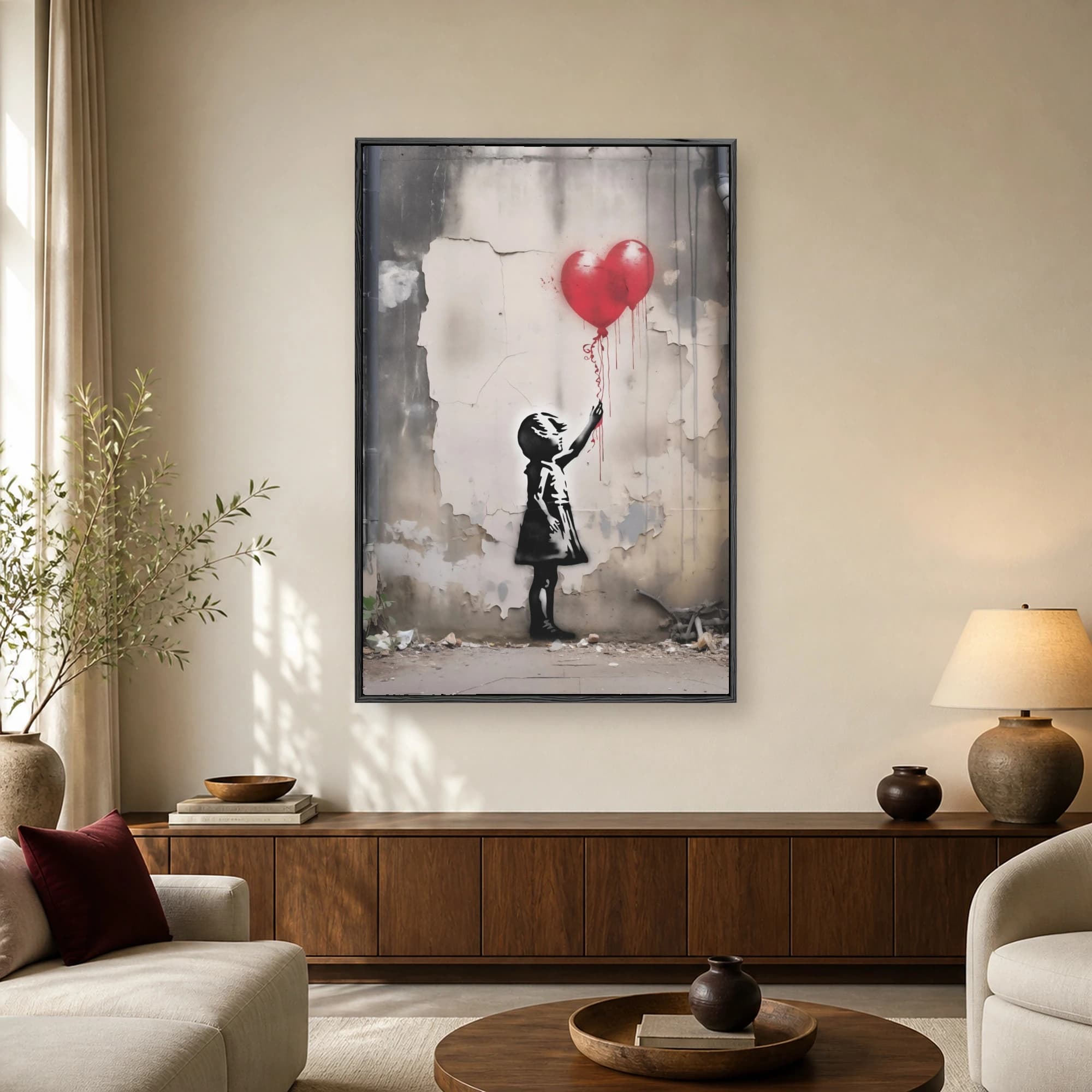 Stencil silhouette of a young girl reaching up for a dripping red heart-shaped balloon against a weathered concrete wall.